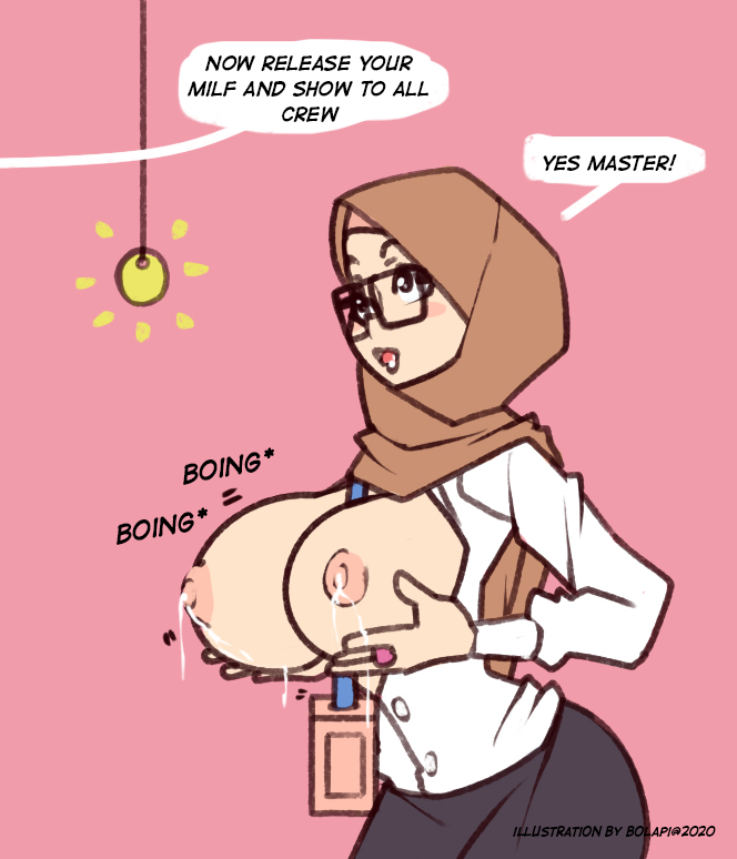 1girls, big breasts, bolapistarize, breast hold, breasts, breasts out, clothing, female, glasses, hijab, hypnosis, lactation, large breasts