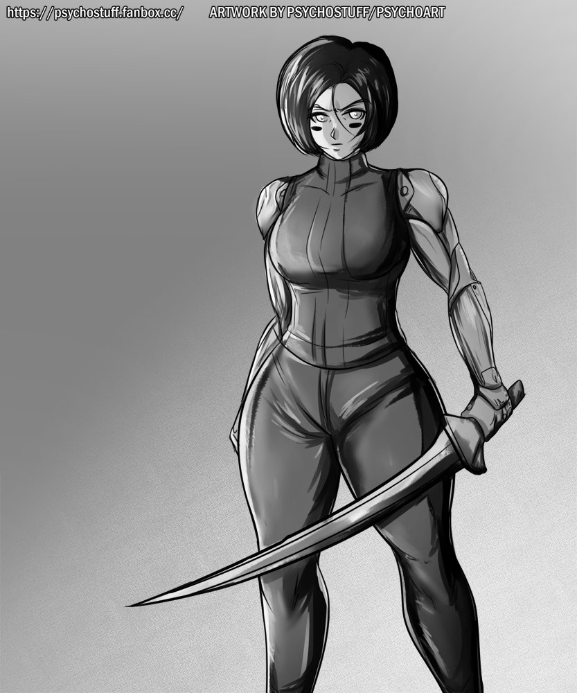 1girls 2021 alita battle_angel_alita black_hair cyborg female female_only fully_clothed greyscale monochrome muscular psychostuff short_hair solo sword