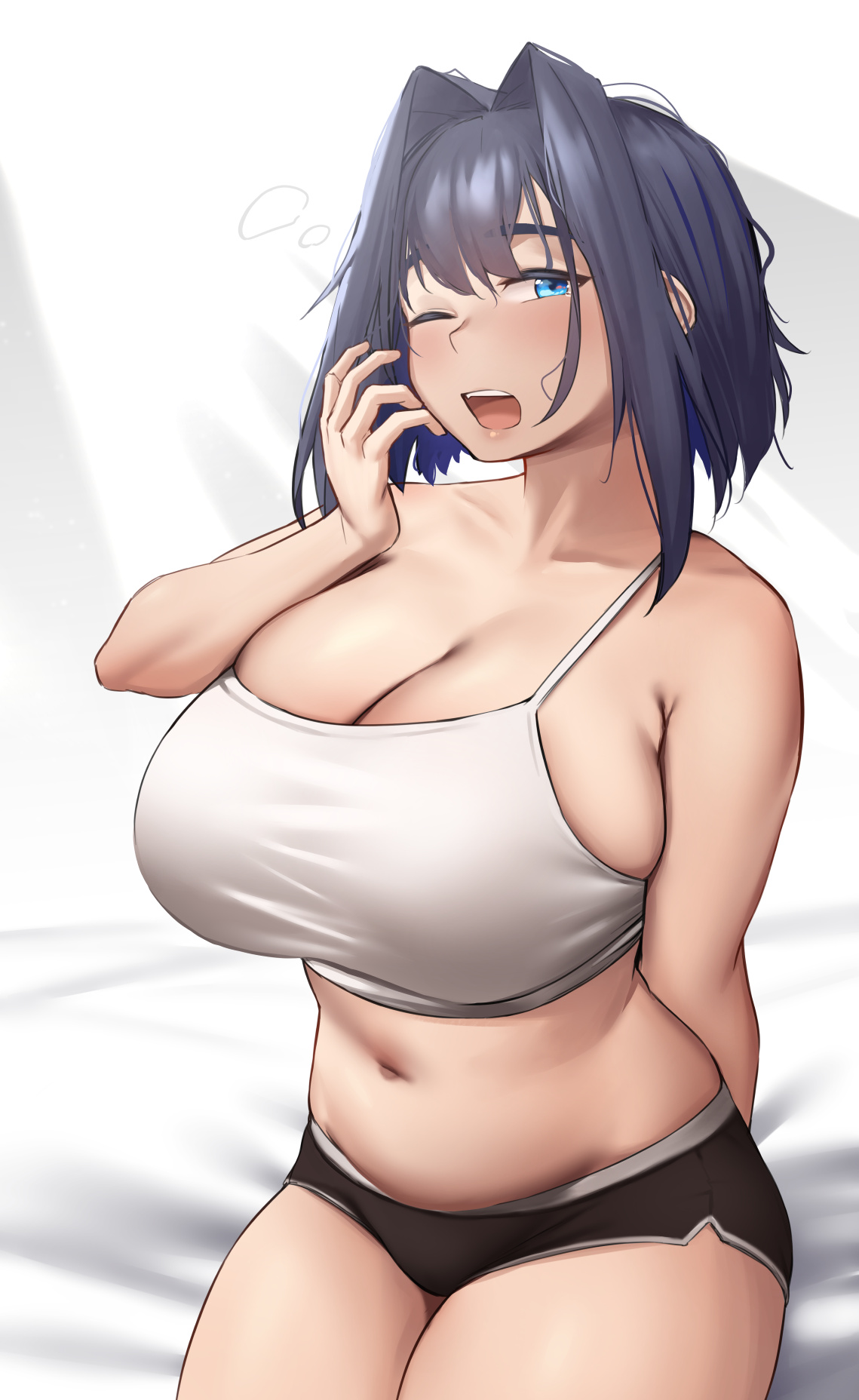 1girls, 2020s, 2021, armpit crease, bare legs, bedroom, belly button, black hair, black shorts, blue eyes, blush, booty shorts, breasts, cleavage, dolphin shorts, exposed belly, eyebrows visible through hair, female, female focus, female only, front view, hand to own mouth, hips, hololive, hololive english, hololive english -council-, hololive english -promise-, huge breasts, indoors, light blush, looking at viewer, manga, medium hair, midriff, one eye closed, open mouth, ouro kronii, roresu, short shorts, shorts, side slit, simple background, sitting, sitting on bed, slightly chubby, solo, solo female, tank top, thick thighs, thighs, tomboy, tubetop, virtual youtuber, white background, white tank top, white topwear, wide hips, yawn, yawning