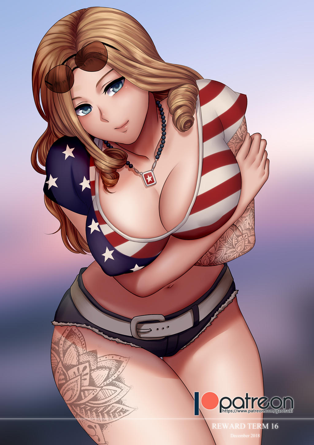 1girls american_flag big_breasts blonde_hair dbd dead_by_daylight eyewear_on_head female gantsuki kate_denson solo sunglasses sunglasses_on_head thick_thighs