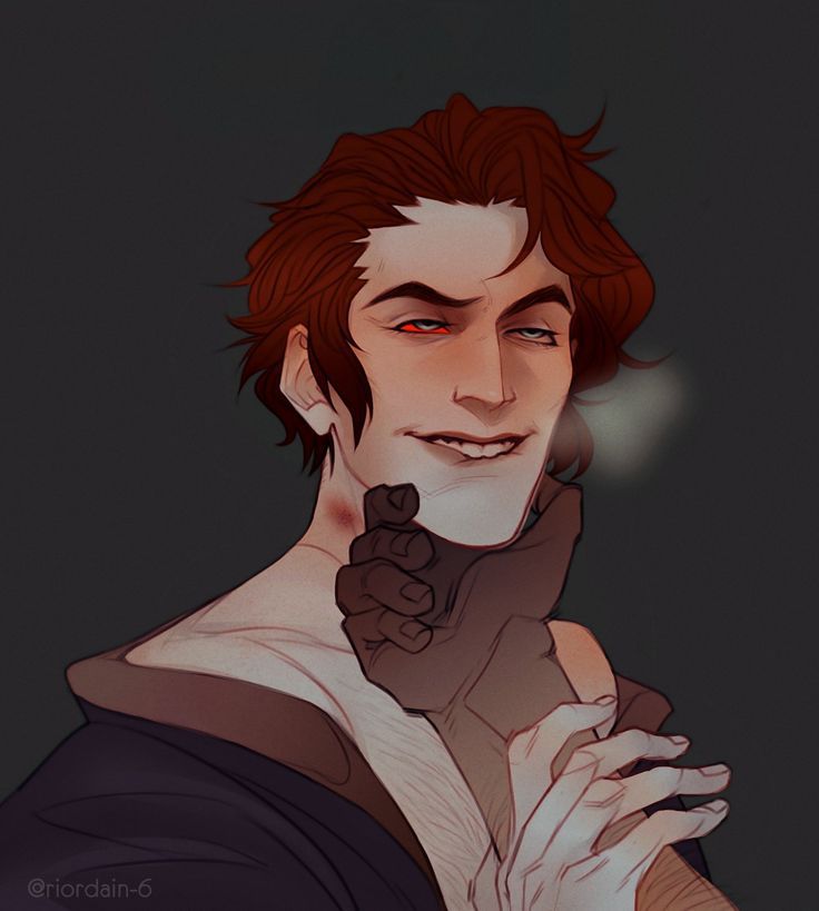 1boy arm_hair biting_lip blushing chest_hair evil_grin eyebrows_raised grey_eyes headshot hickey holding_chin julian_devorak looking_at_partner offscreen_character red_hair red_hair_male red_sclera shirt shirt_open tagme the_arcana visible_breath