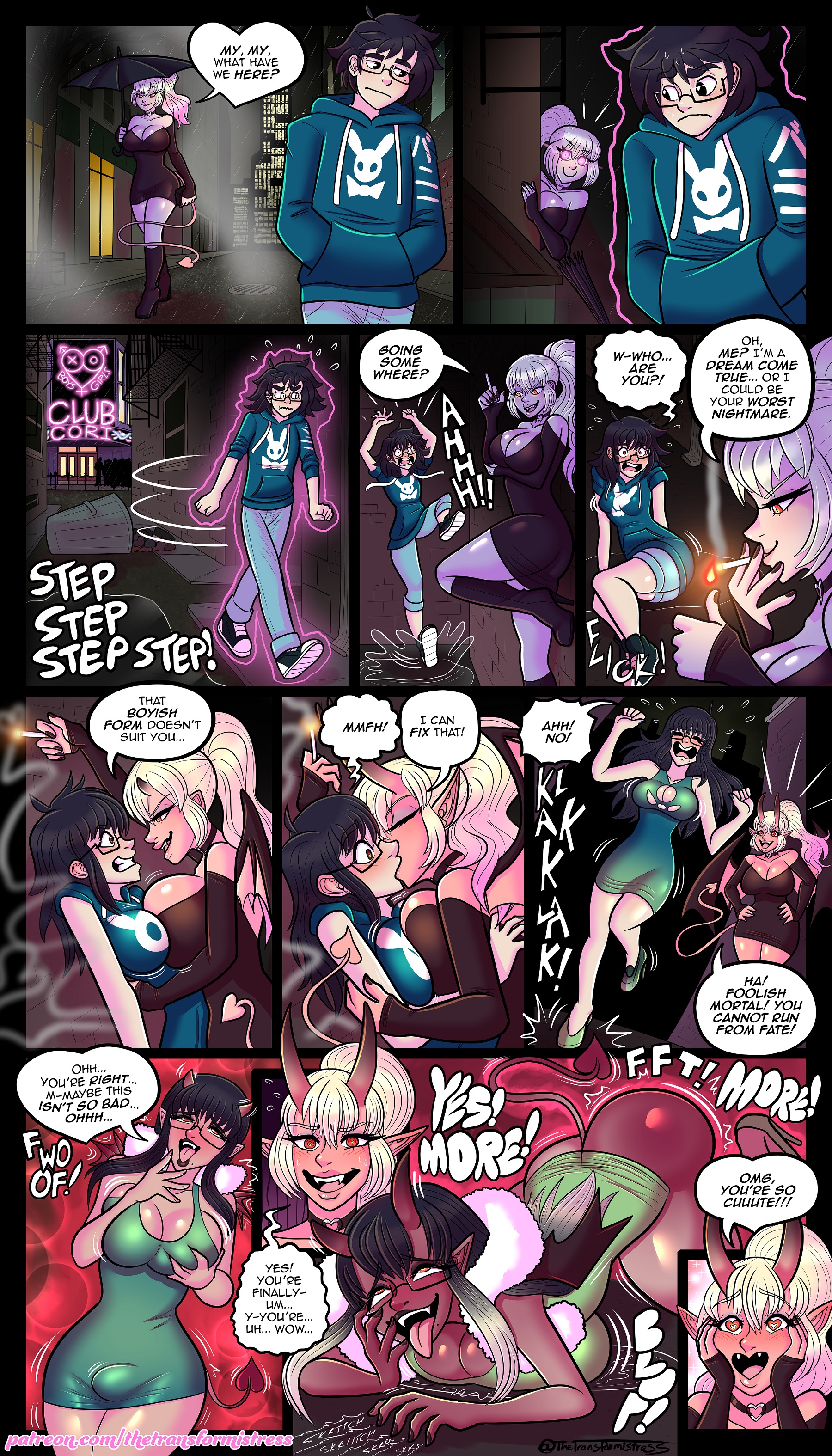 2girls, ass expansion, brainwashing, breast expansion, breast growth, breast growth (enlargement), breasts, bulge through clothing, corruption, demon, english text, female, futanari, gender transformation, high heels, hopetg, hypnosis, intersex, kiss, lesbian kiss, mind control, mtf transformation, red skin, succubus, tagme, text, thetransformistress, transformation, yuri