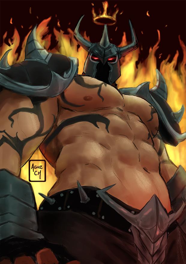 1boy abs aguzcm armor bara big_abs big_nipples from_below helmet league_of_legends looking_at_viewer male_focus male_only mordekaiser pentakill_mordekaiser pentakill_series