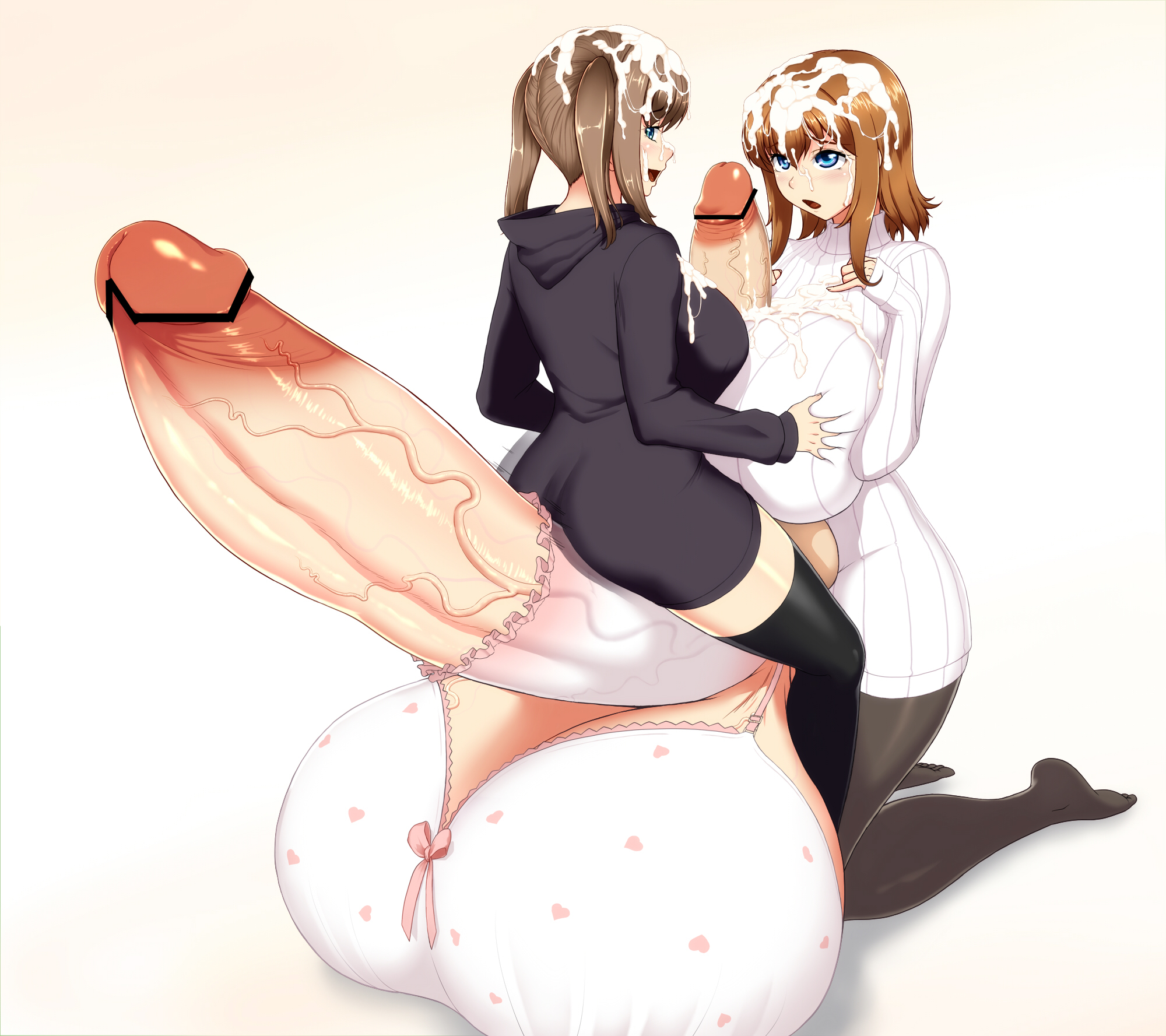 2futas, areolae, balls, balls bra, bar censor, between breasts, big balls, blue eyes, breast grab, breast squeeze, breasts, censor bar, censored, clothed, clothing, cum, duo, ejaculation, erection, excessive cum, futa on futa, futa only, futanari, genital growth, gigantic balls, gigantic penis, gigantic testicles, huge balls, huge breasts, huge cock, huge penis, huge testicles, human, hyper, hyper balls, hyper breasts, hyper penis, hyper testicles, intersex, kinoko, light skin, light-skinned futa, mostly clothed, nipples, pale skin, penis, penis growth, penis size difference, sequence, short hair, simple background, sitting, sitting on penis, sweater, testicles, thick thighs, thighhighs, veiny balls, veiny penis, veiny testicles, white background