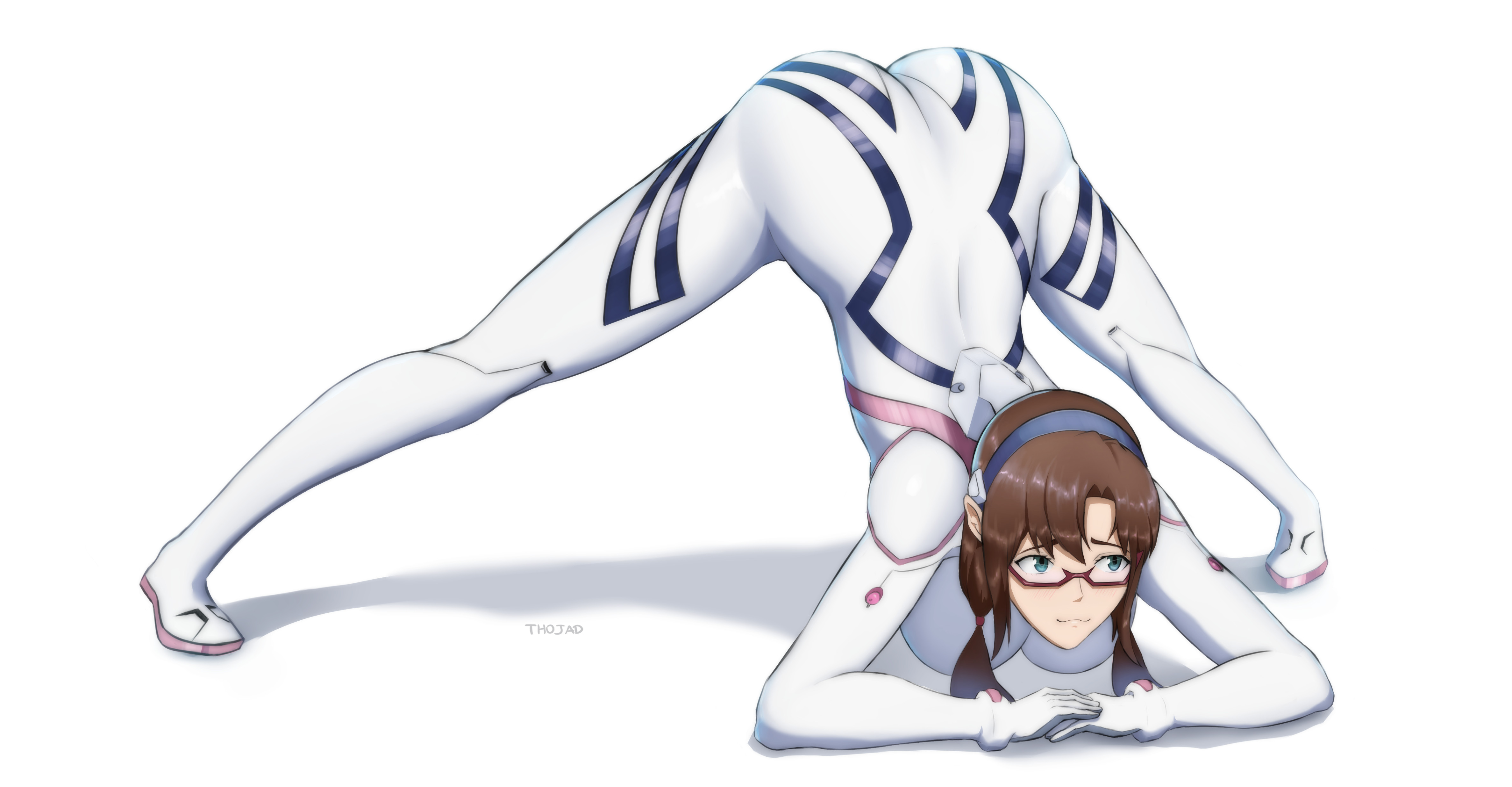 1girls, ass, ass up, big ass, big butt, bodysuit, breasts, brown hair, clothing, female, glasses, human, jack-o pose, large breasts, light skin, light-skinned female, long hair, mari illustrious makinami, neon genesis evangelion, pilot suit, plugsuit, rebuild of evangelion, spread legs, thick thighs, thighs, thojad, top-down bottom-up, white background