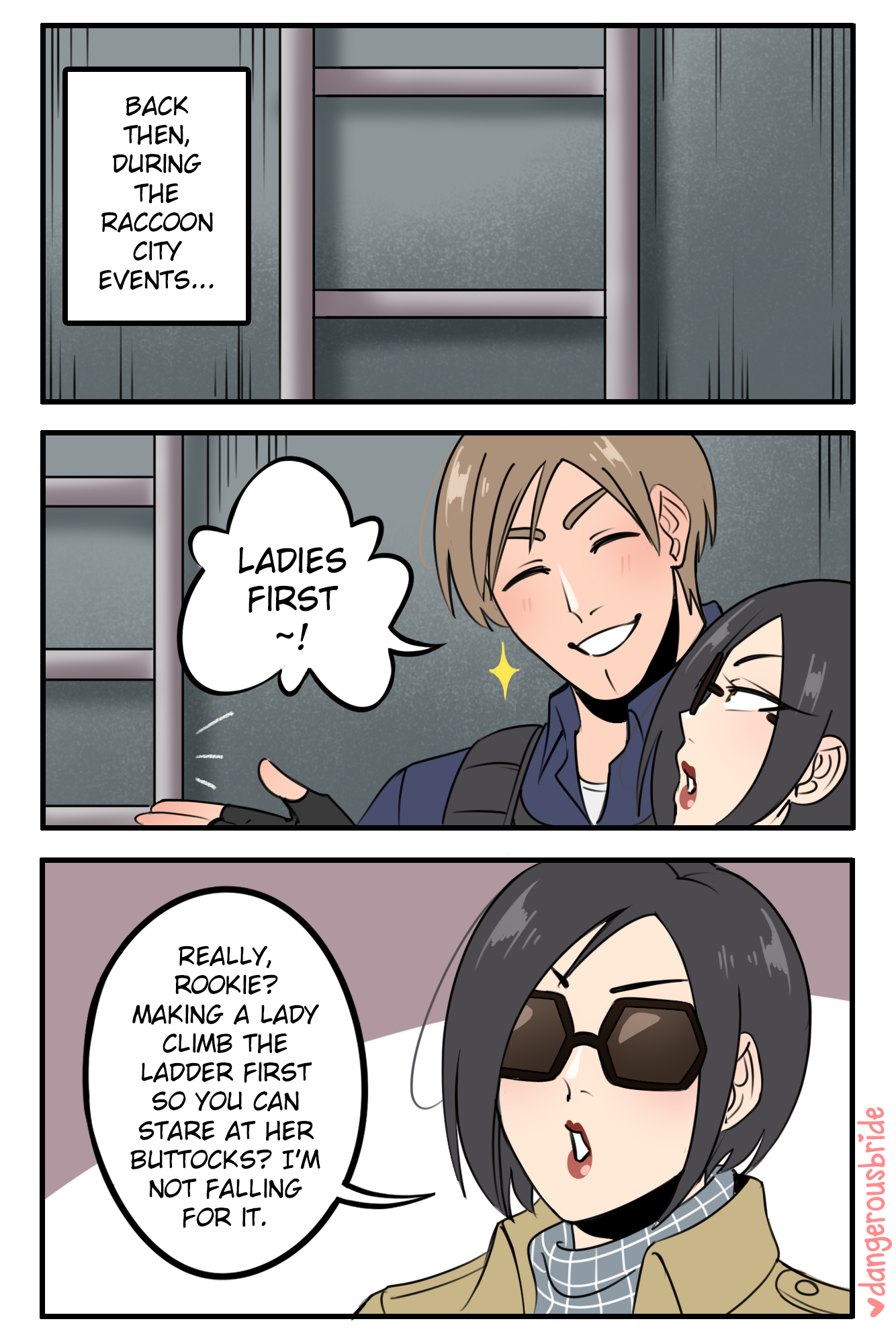 1boy, 1girls, ada wong, ada wong (adriana), black hair, brown hair, brown-tinted eyewear, capcom, comic, dangerousbride, dialogue, english text, eyewear, female, glasses, hi res, ladder, leon scott kennedy, light blush, light skin, light-skinned female, light-skinned male, lipstick, male, medium hair, red lips, red lipstick, resident evil, resident evil 2, resident evil 2 remake, smile, sparkle, speech bubble, sunglasses, teeth showing, text, tinted eyewear, white male