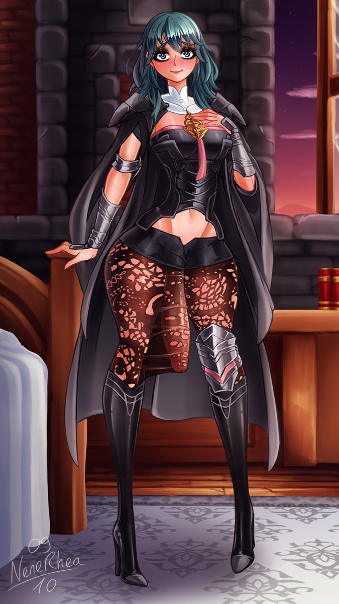 1futa, alternate version available, balls, bare midriff, bed, bedroom, big breasts, big penis, blue eyes, blush, book, boots, breasts, byleth (fire emblem), byleth (fire emblem) (female), clothed, clothing, erection, erection under pantyhose, female, fire emblem, fire emblem: three houses, futa only, futanari, high heels, huge cock, human, indoors, intersex, large breasts, leggings, light skin, light-skinned futa, looking at viewer, medium hair, mostly clothed, nenerhea, nintendo, pale skin, penis, penis through leghole, penis under clothes, shorts, shy smile, smile, solo, standing, sunset, teal hair, thick thighs, thighs, window