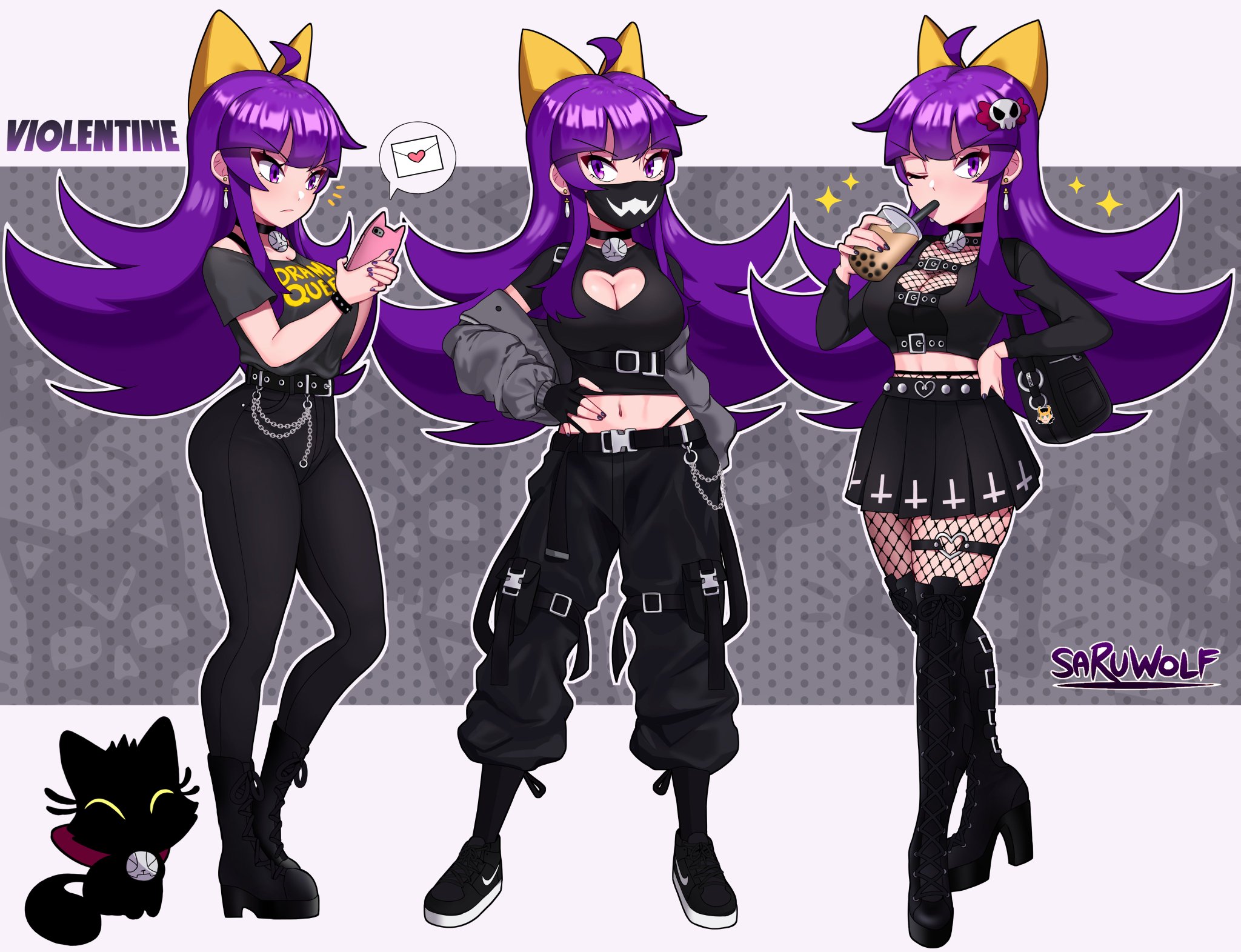 1girls, belt, black clothing, black legwear, boots, breasts, cellphone, chains, choker, clothed female, drinking, earrings, feline, female, female only, fishnets, furry, long hair, looking at viewer, mail, mask, one eye closed, original, original character, painted nails, pants, purple eyes, purple hair, purple nails, sarukaiwolf, shoes, straw, thighs, thin female, violentine (sarukaiwolf), yellow ribbon