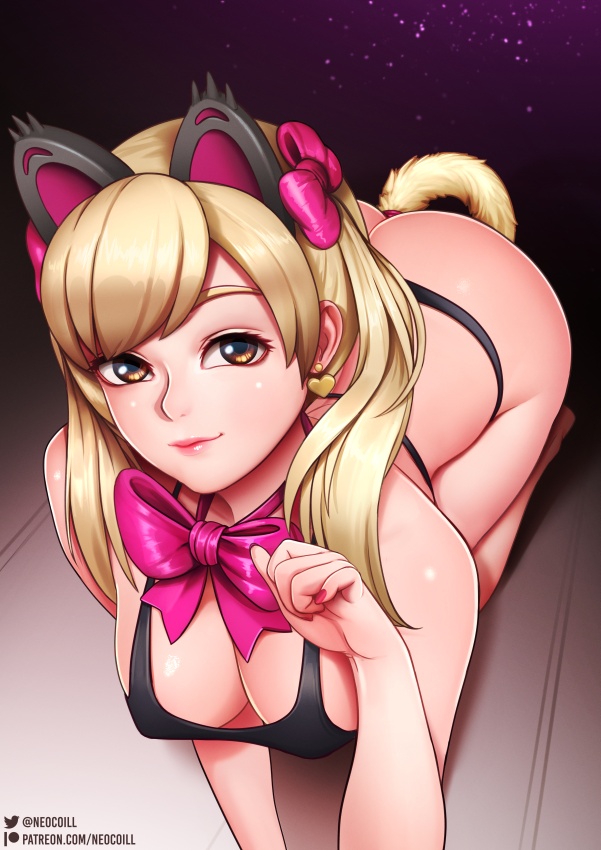 1girls, all fours, alternate costume, big breasts, black cat d.va, breasts, d.va, female, female only, large breasts, looking at viewer, neocoill, overwatch, overwatch 2, solo