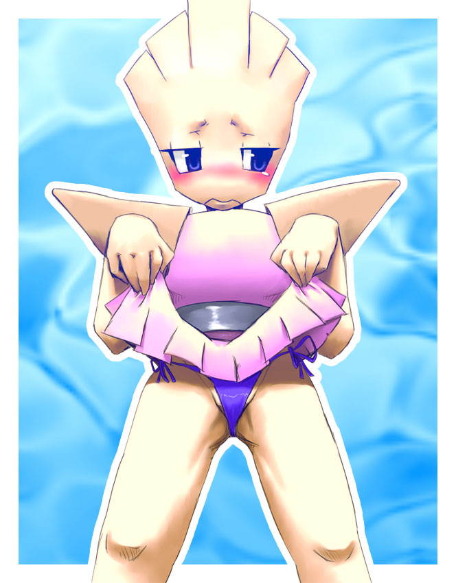 anthro blush closed_mouth clothes color female female_only front_view frown hitmonchan looking_left nintendo open_eyes panties pokemon pokemon_(species) rule_63 skirt_lift solo tagme tan_skin