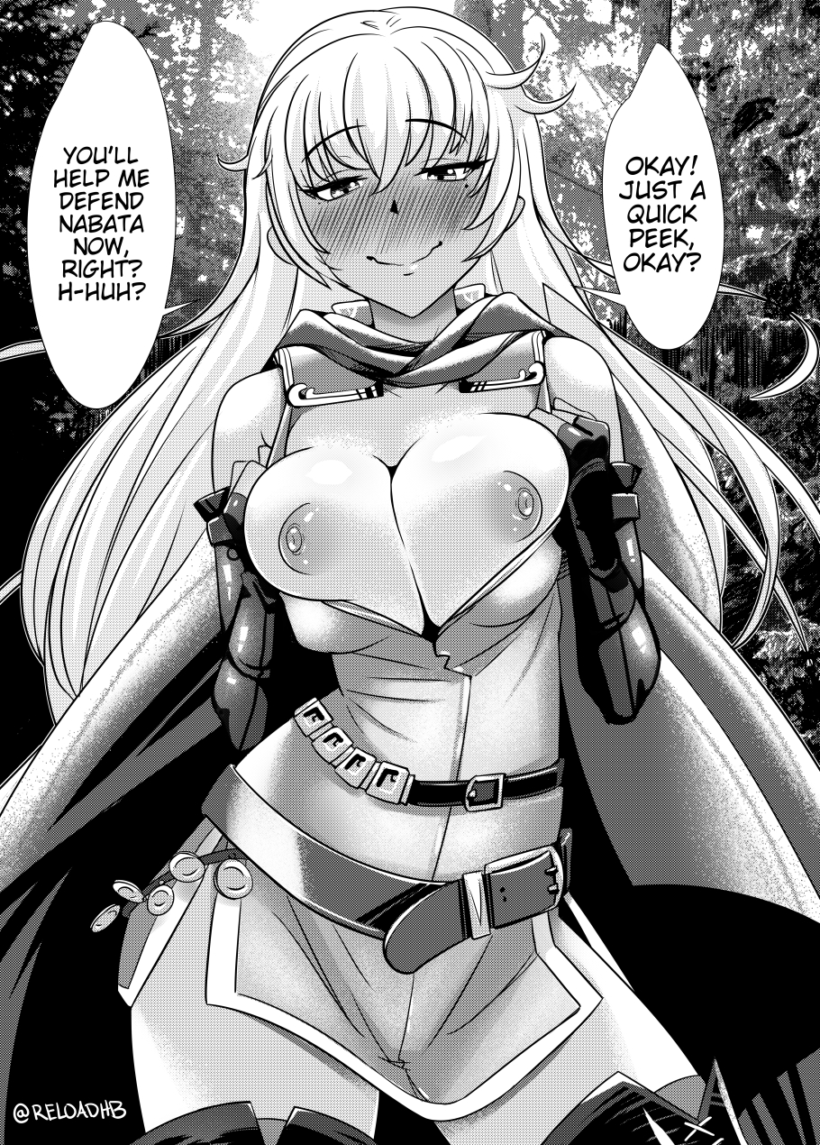 1girls, bare breasts, belt, big breasts, black and white, blush, breasts, breasts out, cape, dialogue, dress, embarrassed, english text, female, female only, fingerless gloves, fire emblem, fire emblem: the binding blade, flashing, forest, gloves, greyscale, heavy blush, highres, igrene (fire emblem), large breasts, long hair, looking at viewer, monochrome, nature, nervous smile, nintendo, nipples, nose blush, outdoors, pinup (style), puffy nipples, r-e-l-o-a-d, reward, smile, solo, speech bubble, text, thighhighs, thighs, undressing, wavy mouth