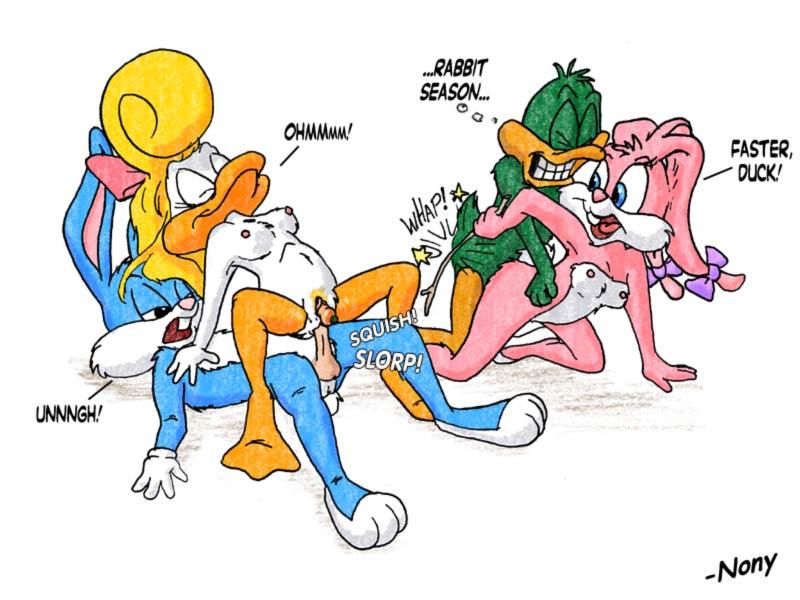 2girls anthro babs_bunny blonde_hair blue_eyes buster_bunny carrot duck female fur furry loon male mammal nude plucky_duck rabbit shirley_the_loon soft_feathers straight tiny_toon_adventures uncensored