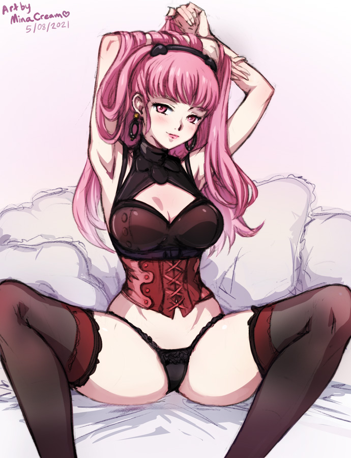 1girls, 2021, armpits, arms up, artist name, bangs, bare shoulders, bare thighs, black panties, blunt bangs, breasts, dated, earrings, eyebrows visible through hair, feet out of frame, female, fire emblem, fire emblem: three houses, heart, hilda valentine goneril, hoop earrings, jewelry, large breasts, long hair, looking at viewer, minacream, nintendo, panties, pillow, pink eyes, pink hair, ponytail, sitting, sleeveless, solo, spread legs, thighhighs, underwear, watermark