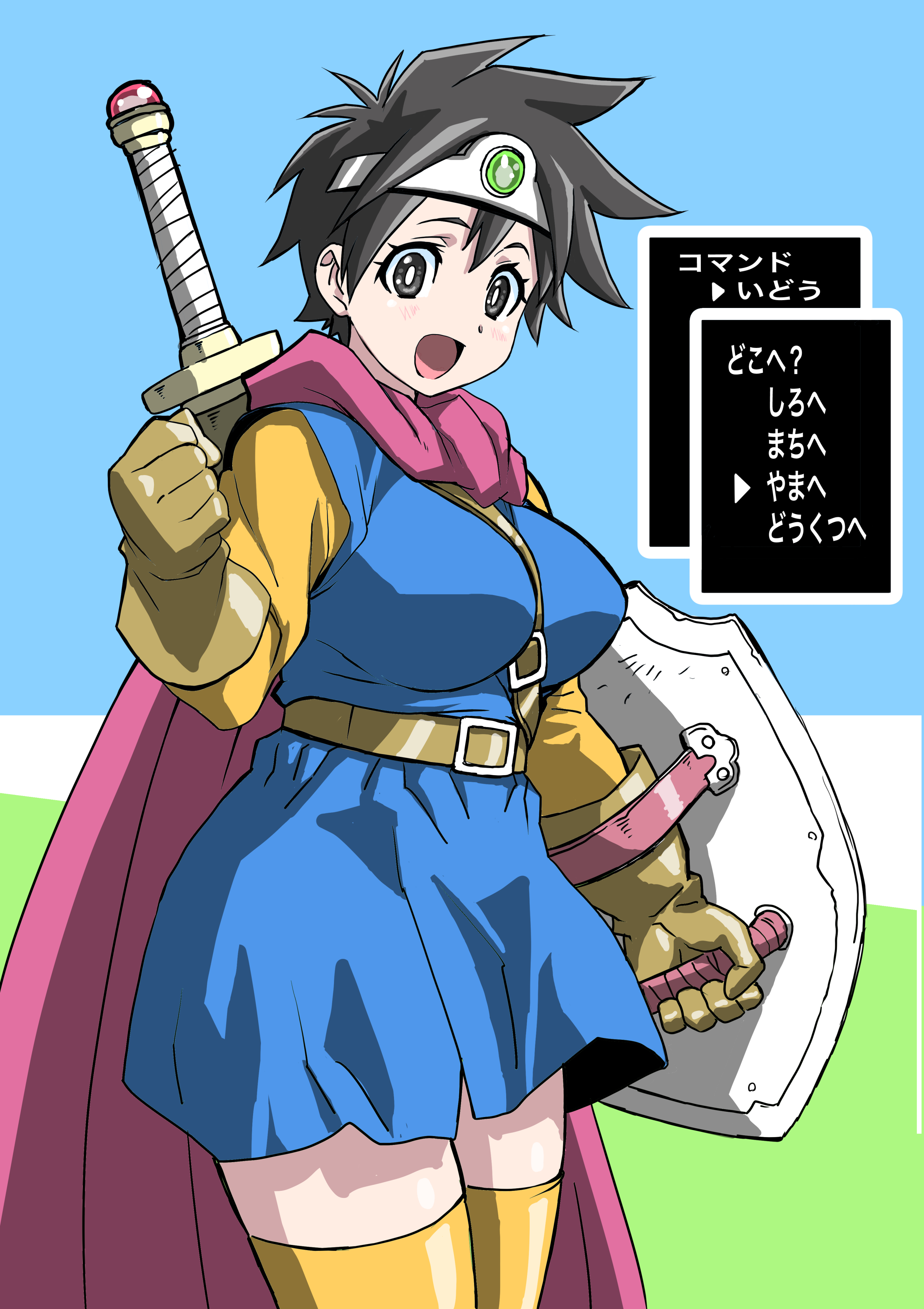 1girls, breasts, cape, check translation, clothing, dragon quest, dragon quest iii, dress, female, gameplay mechanics, gloves, happy, headgear, heroine (dq3), highres, japanese text, makinaru, medium breasts, roto, shield, stockings, sword, text, thighhighs, translated