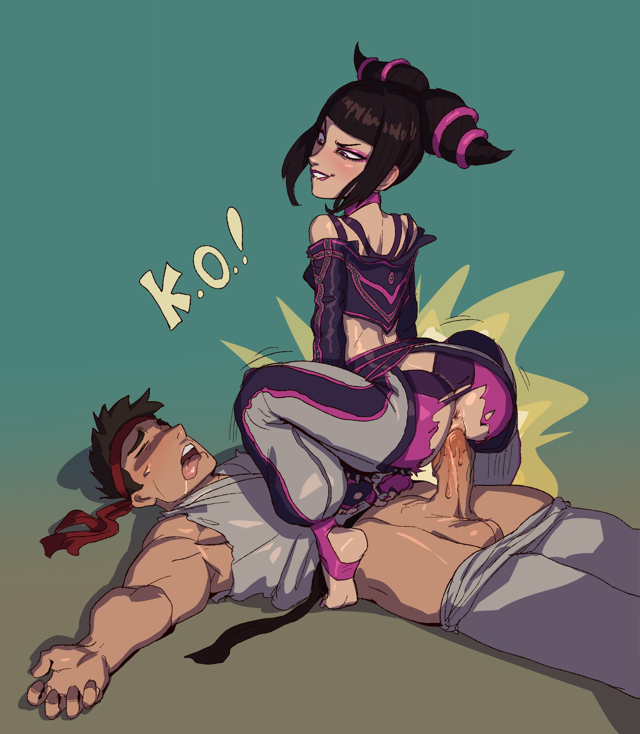 1boy, 1girls, ass, big ass, capcom, clothed, clothed sex, clothing, cowgirl position, erection, female, femdom, juri han, k.o., male, malesub, pears (artist), penis, ryu (street fighter), sex, straight, street fighter