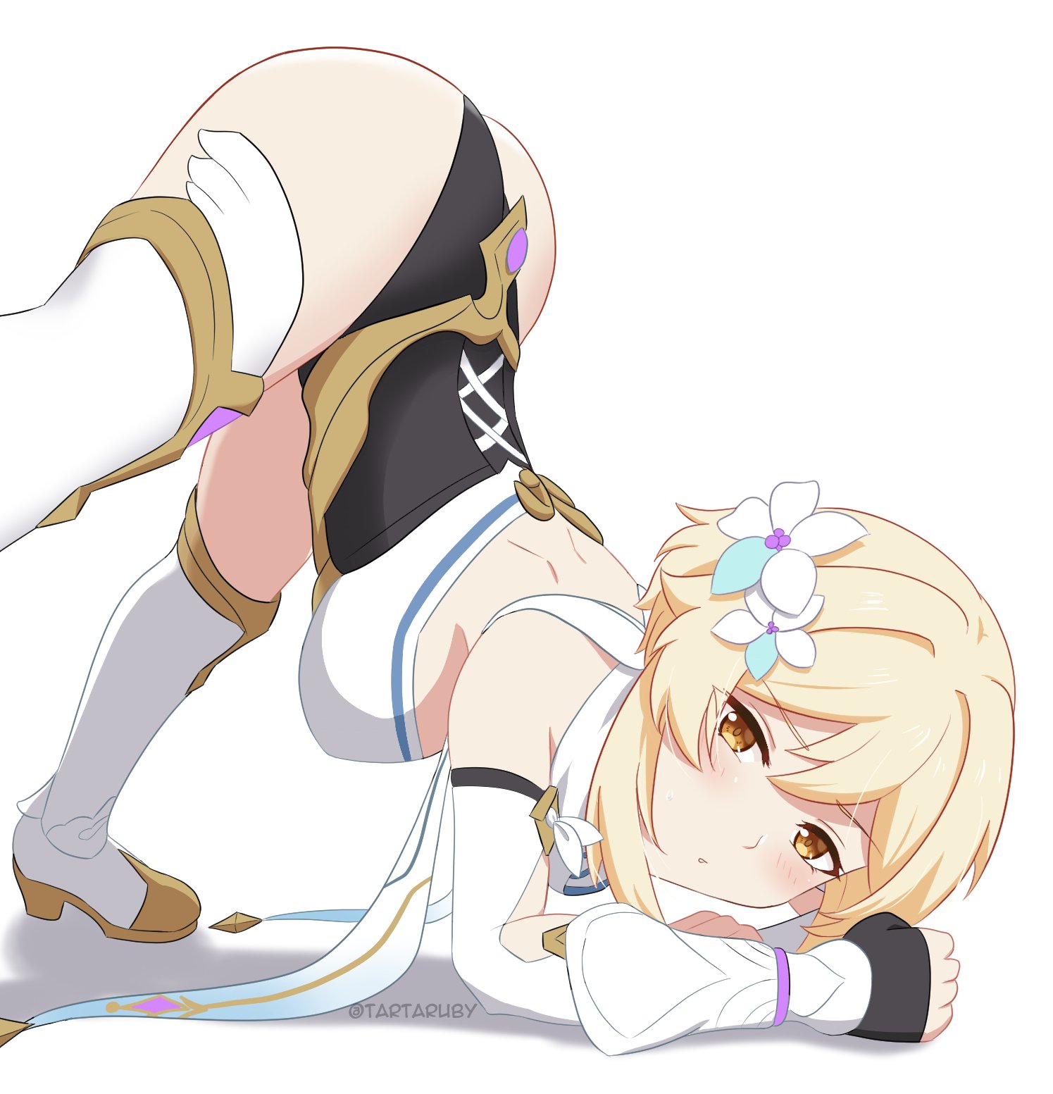 1girls, amber eyes, ass, ass up, bangs, bent over, blonde hair, blush, clothed, clothed female, clothing, female, female only, genshin impact, hair flower, hair ornament, jack-o pose, jackochallenge, lumine (genshin impact), short hair, side view, tartaruby