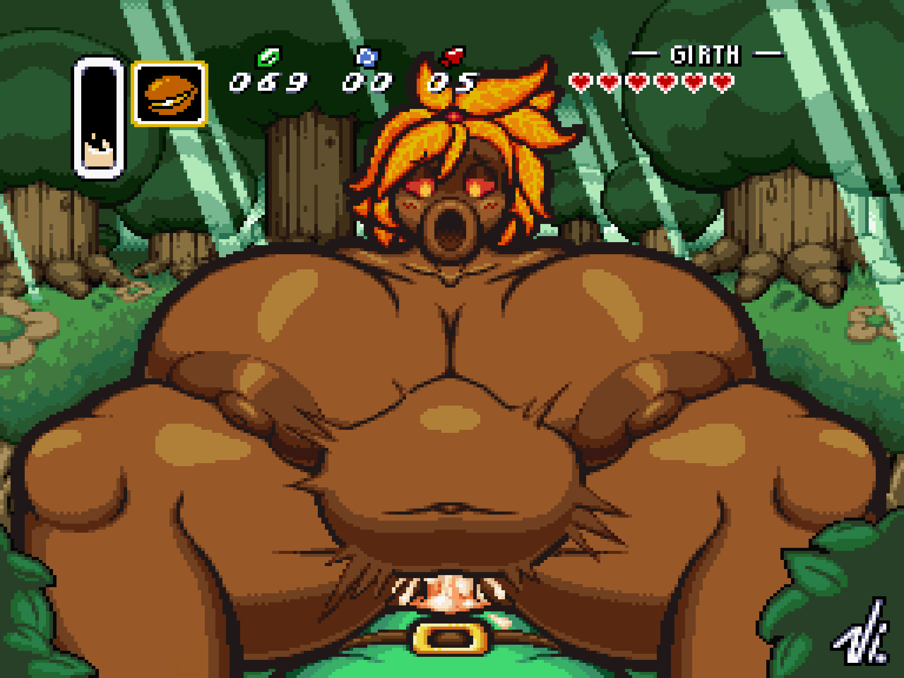 1boy 1girls aliasing anthro blush branchifnotequal breasts brown_body clothed_male_nude_female cowgirl_position cum cum_in_pussy cum_inside cum_overflow deku_(tloz) deku_scrub excessive_cum female forest genitals huge_breasts inflation looking_down orange_eyes orange_hair penetration penis pixel_art plant plant_girl sex stomach_bulge stomach_deformation the_legend_of_zelda thick_thighs thighs tree tree_girl vaginal_penetration vaginal_sex video_games yukiko_(xytora)