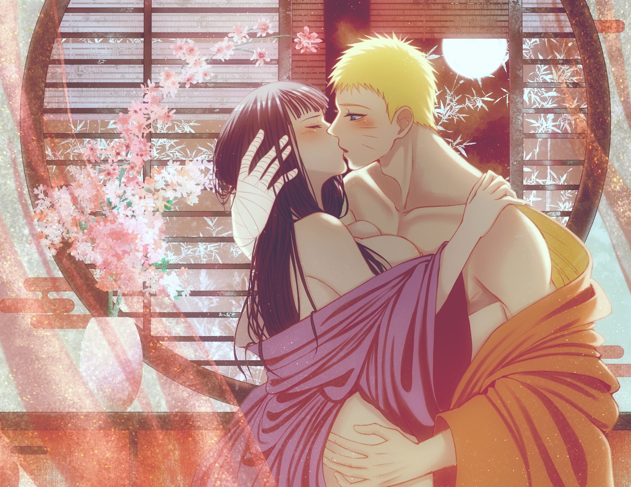 1boy, 1girls, ass, ass grab, big breasts, black hair, blonde hair, blue eyes, blush, breasts, canon couple, closed eyes, couple, female, hyuuga hinata, hyuuga hinata (naruto: the last), kimono, kissing, long hair, male, male blushing, male/female, naruto, naruto (series), naruto: the last, romantic, romantic couple, short hair, standing, straight, uzumaki naruto