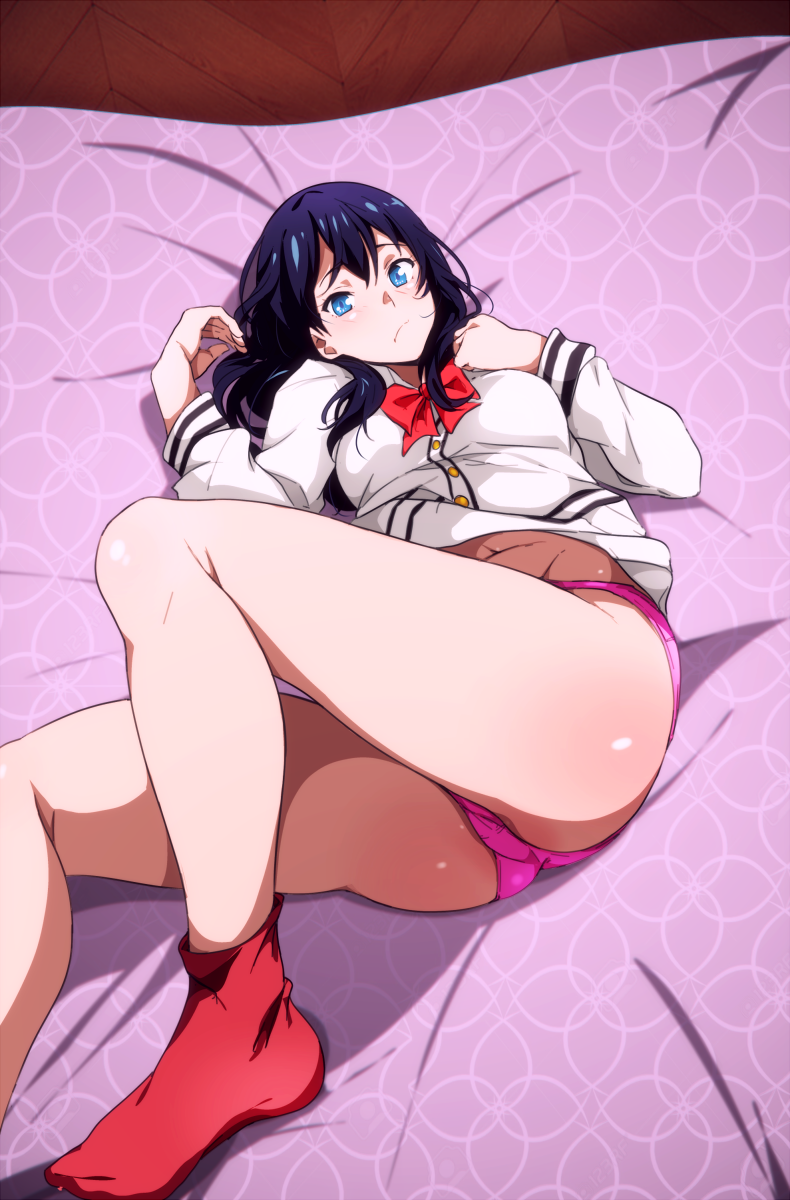 :/ ass bare_knees bare_legs bed black_hair blue_eyes blue_hair blush bow bowtie cardigan collared_shirt female female frown hand_on_chest high_resolution knees layered_bikini legs legwear lingerie long_hair lying no_shoes on_back orange_scrunchie pantsu pink_panties pixiv_id_1356236 pleated_skirt red_bow red_legwear red_neckwear red_ribbon ribbon sbel02 school_uniform scrunchie shirt skirt socks solo ssss.gridman straight_hair sweater tagme takarada_rikka thighs underwear uniform white_cardigan white_shirt white_sweater wrist_scrunchie