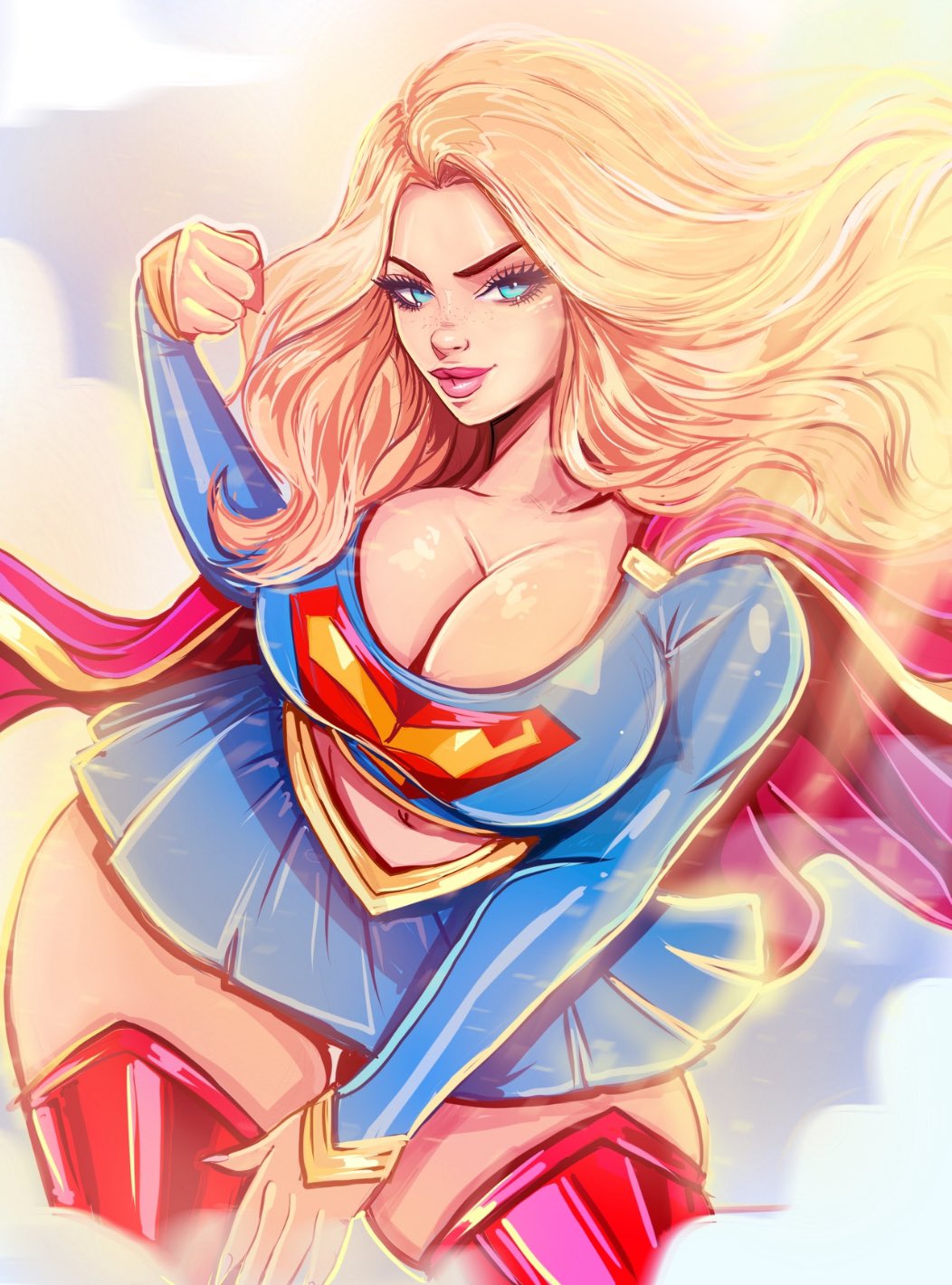 1girls 2d big_breasts big_thighs blonde_hair blouse blue_eyes breasts busty cape cleavage clothed clothing cute dc dc_comics drawn female female_only golden_hair kara_danvers kara_zor-el kryptonian large_breasts lipstick long_hair looking_at_viewer miniskirt pink_lipstick pov seductive sensual shiny_skin skirt smirk solo supergirl superheroine superman_(series) theartofmathew thick thick_thighs wide_hips