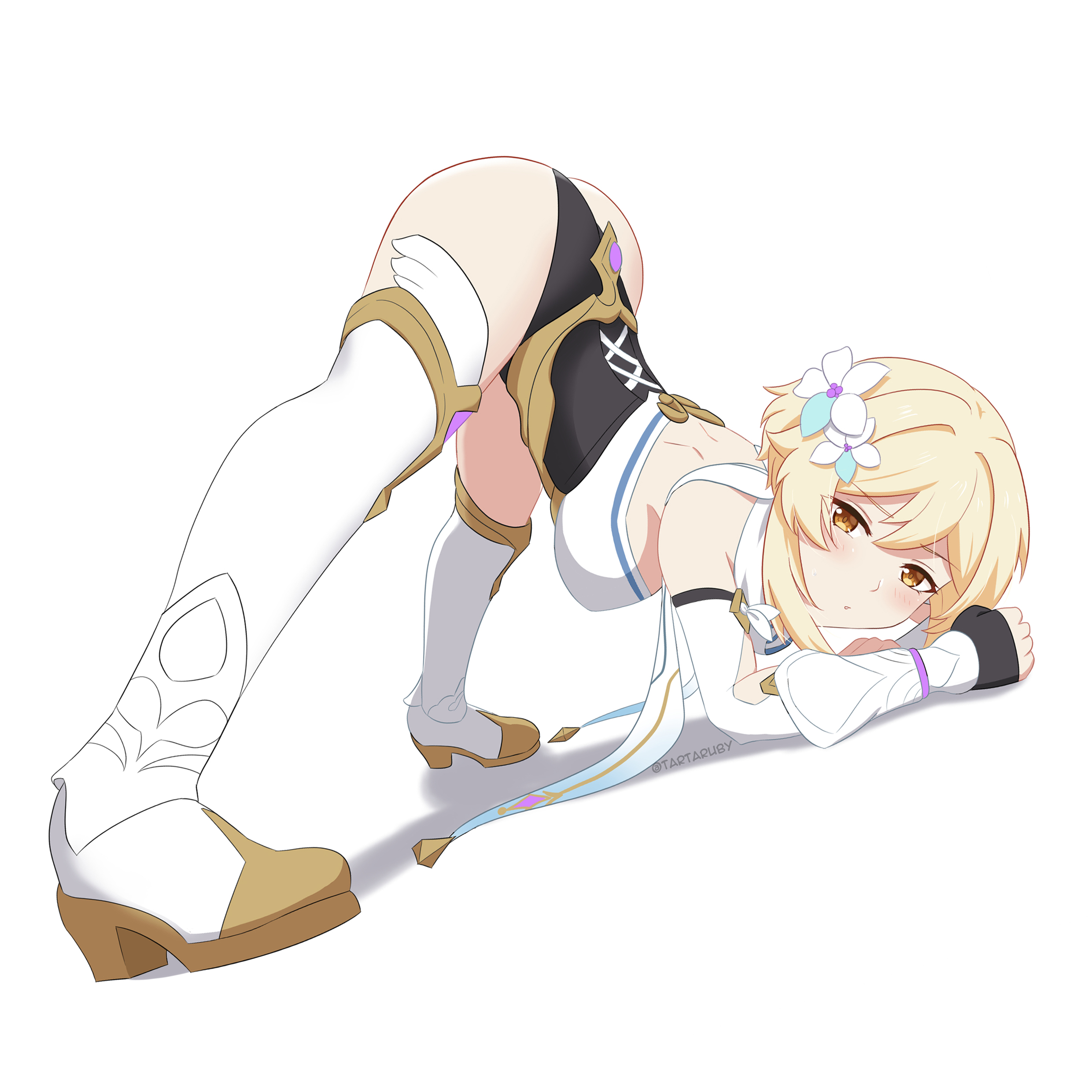 1girls, amber eyes, ass, ass up, bangs, bent over, blonde hair, blush, clothed, clothed female, clothing, female, female only, genshin impact, hair flower, hair ornament, jack-o pose, jackochallenge, lumine (genshin impact), short hair, side view, tartaruby