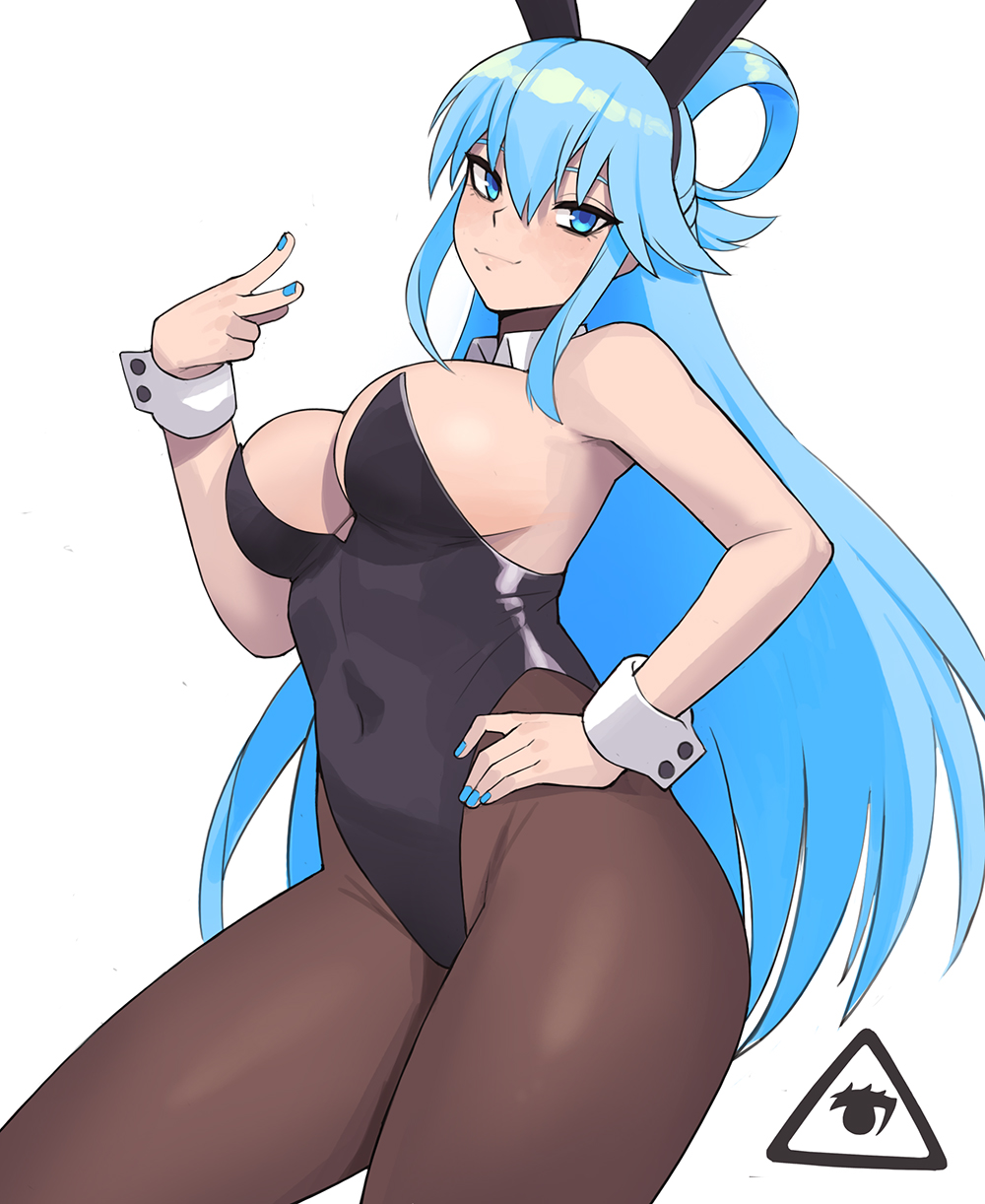 1girls, aqua (konosuba), big breasts, blue eyes, blue hair, blue nails, breasts, bunny ears, bunnysuit, detached collar, donburikazoku, eye contact, fake animal ears, female, kono subarashii sekai ni shukufuku wo!, large breasts, leotard, looking at viewer, nail polish, painted nails, pantyhose, solo, standing, thick thighs, thighs, white background, wrist cuffs