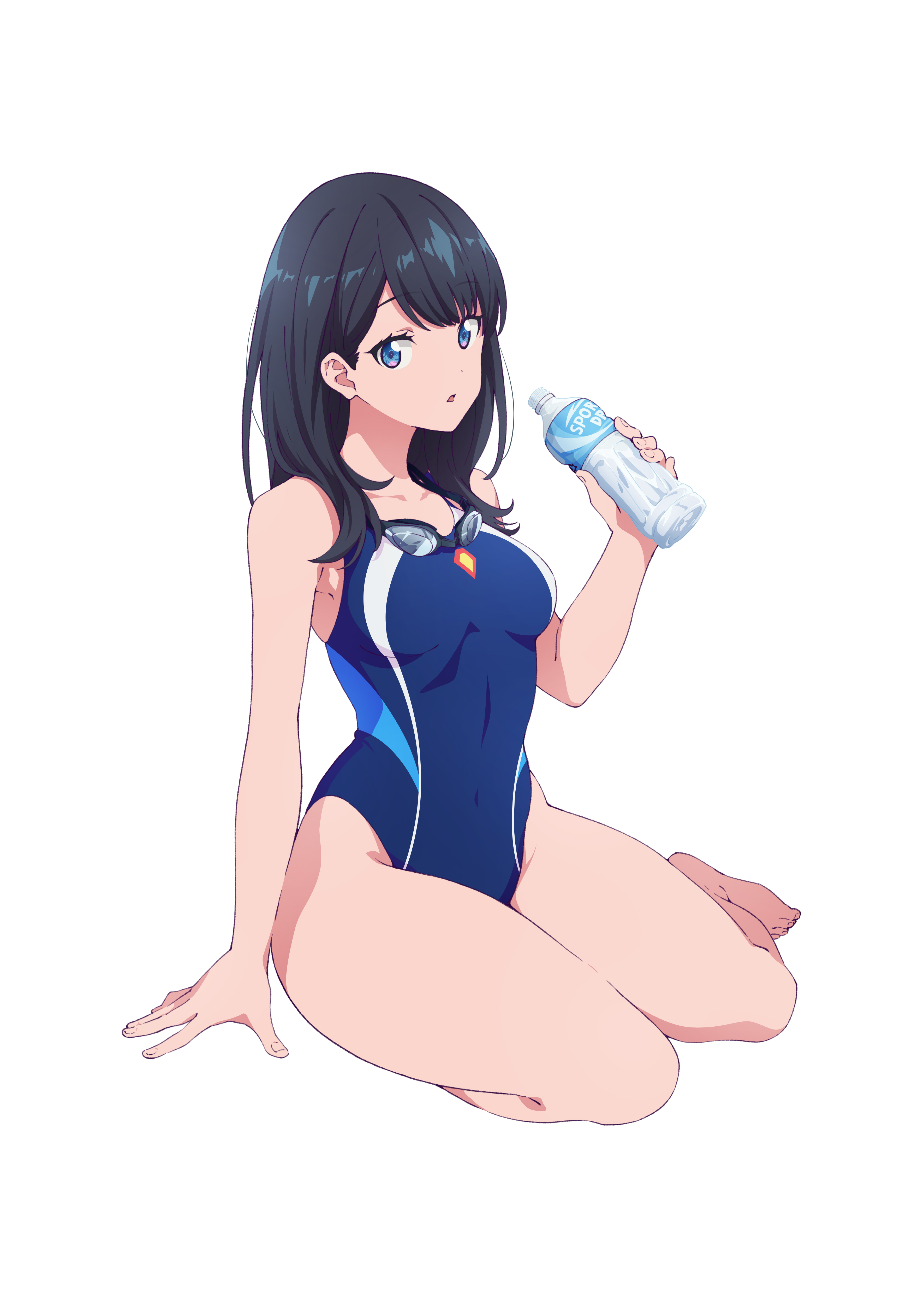 1girls, barefoot, black hair, blue eyes, breasts, clavicle, feet, female, full body, gridman universe, high resolution, hips, long hair, looking at viewer, official art, one-piece swimsuit, open mouth, sitting, solo, ssss.gridman, swimsuit, tagme, takarada rikka, thick thighs, thighs, very high resolution, white background