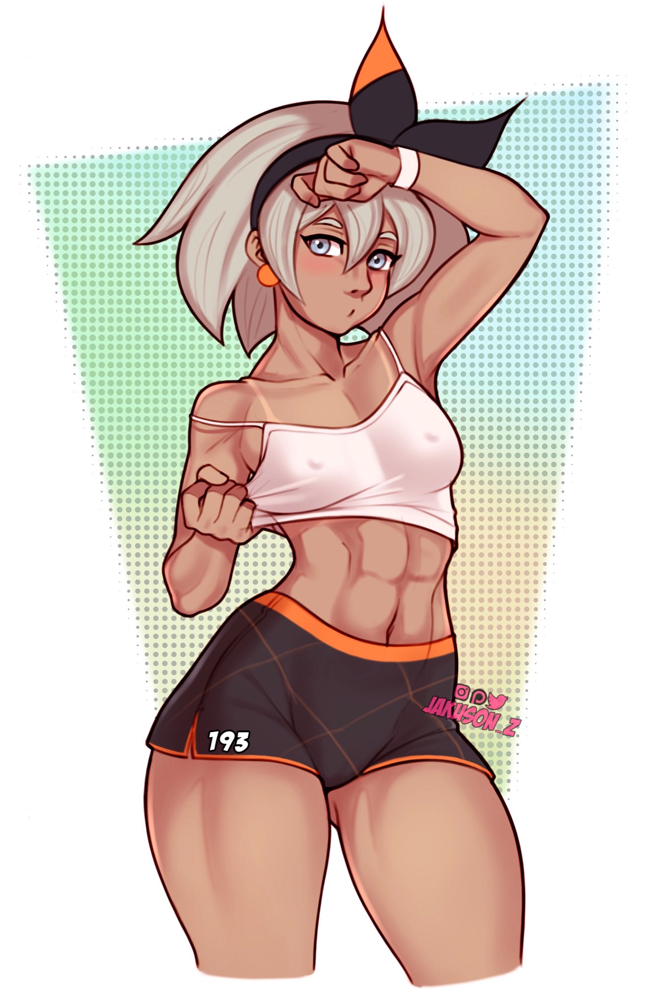 1girls, 2021, abs, bea (pokemon), breasts, dark skin, dark-skinned female, female, female focus, female only, grey eyes, jakuson z, muscles, muscular, muscular female, nintendo, nipple bulge, pokemon, pokemon ss, solo, tan body, thighs, tomboy