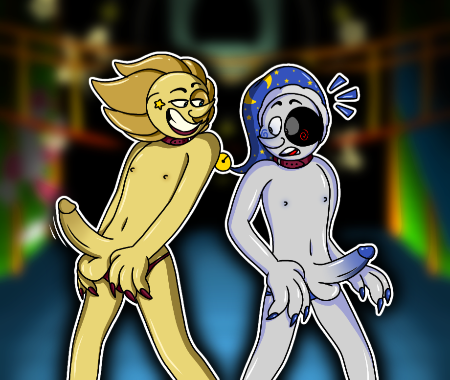 animatronic blue_claws blue_eyes blue_nipples blue_penis blurred_background blush claws collar colored_skin detailed_background erection five_nights_at_freddy's five_nights_at_freddy's:_security_breach gay grin jester jester_hat long_hair_male long_penis male moon moondrop_(securitybreach) nervous_face painted_nails red_claws red_eyes red_lipstick robot skinny_male smug smug_grin sunnydrop_(security_breach) surprised_expression thong wet_body