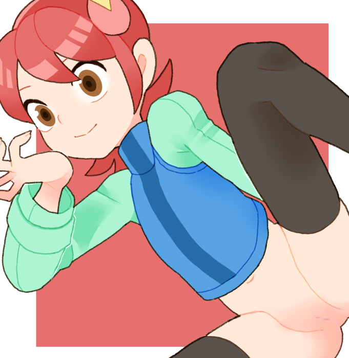 aqua_shirt black_thighhighs blue_vest bottomless brown_eyes closed_mouth female long_sleeves mayl_sakurai mega_man mega_man_battle_network navel pussy red_hair shirt short_hair sicky_(pit-bull) smile solo split_mouth thighhighs vest