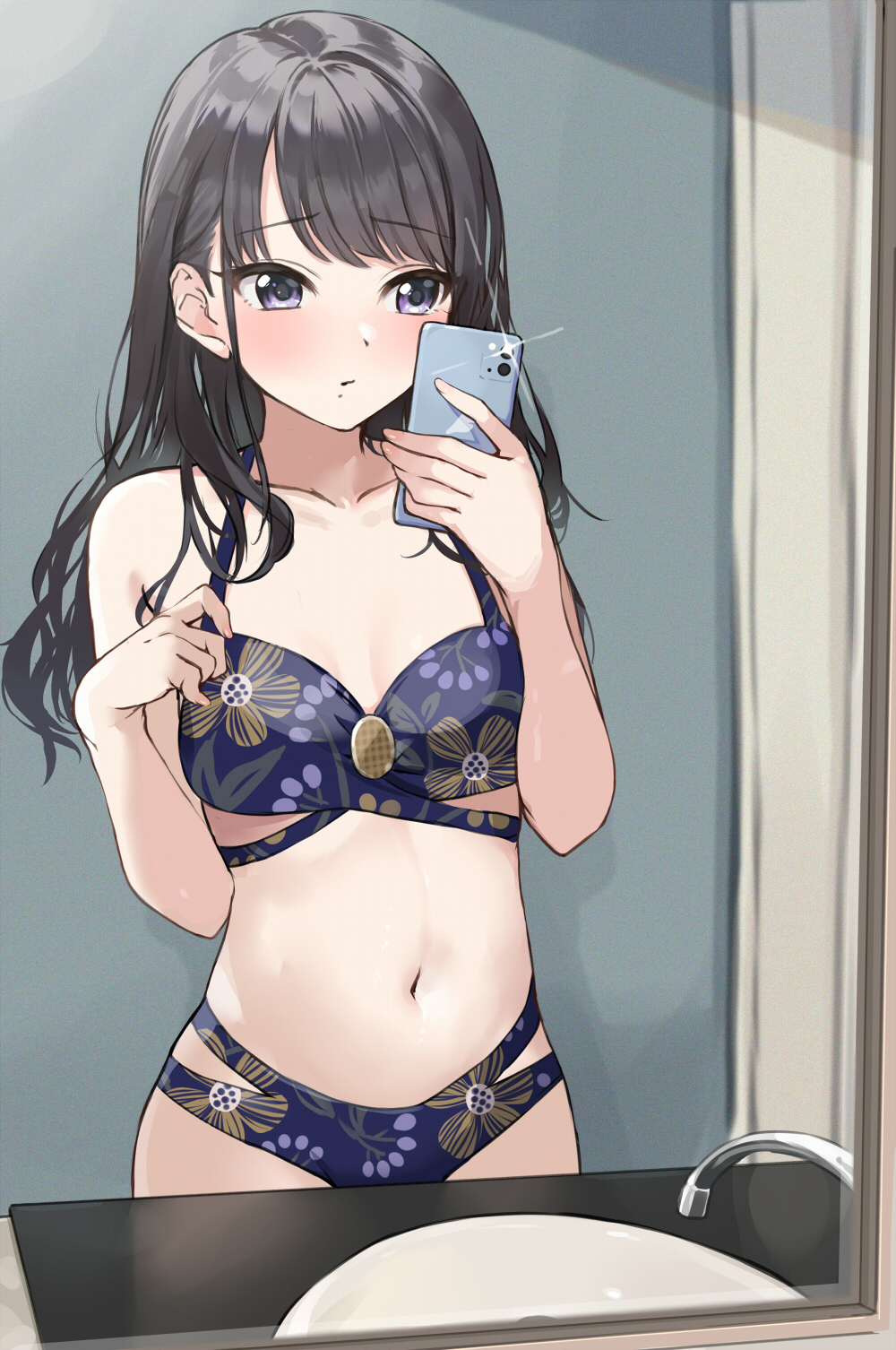 1girls bangs bare_arms bare_shoulders belly_button bikini black_hair blush breasts cellphone clavicle cleavage closed_mouth clothing collarbone eyebrows_visible_through_hair female floral_print high_resolution holding holding_object holding_phone idolmaster indoors kazano_hiori kurokin long_hair looking_at_viewer medium_breasts mirror multi-strapped_bikini multicolored multicolored_bikini multicolored_clothes navel open_mouth phone purple_eyes selfie sink sitting smartphone solo stomach swimsuit the_idolm@ster:_shiny_colors