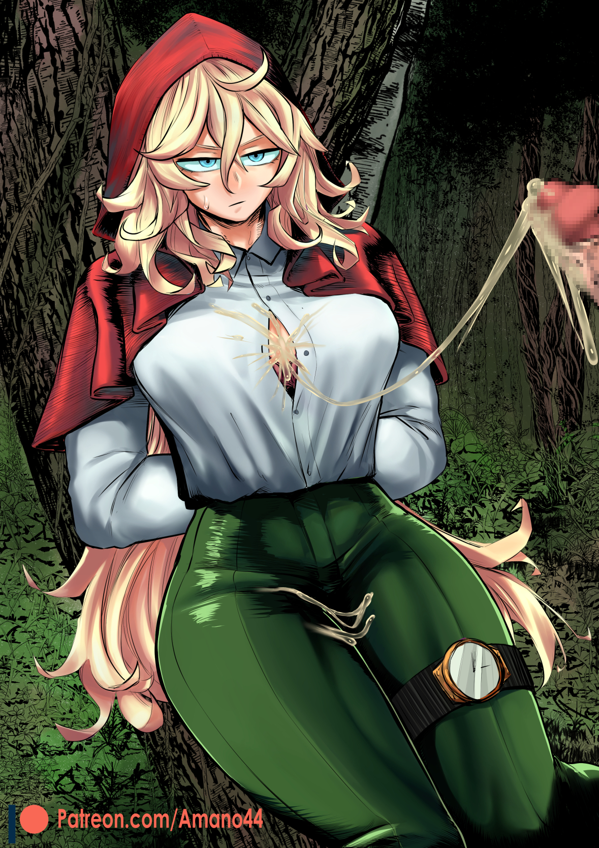 1boy, 1girls, after orgasm, after paizuri, amano44, arms behind back, arms tied behind back, blonde hair, blue eyes, bound, bound wrists, bra, breasts, censored, censored penis, cum on breasts, cum on clothes, cum string, cumshot, emotionless, expressionless, faceless male, female, grimm (red hood), huge breasts, imminent rape, long hair, male, male out of frame, penis, rape, red hood, the hunters guild: red hood, thick thighs, tied up, tight clothing, unamused, wide hips