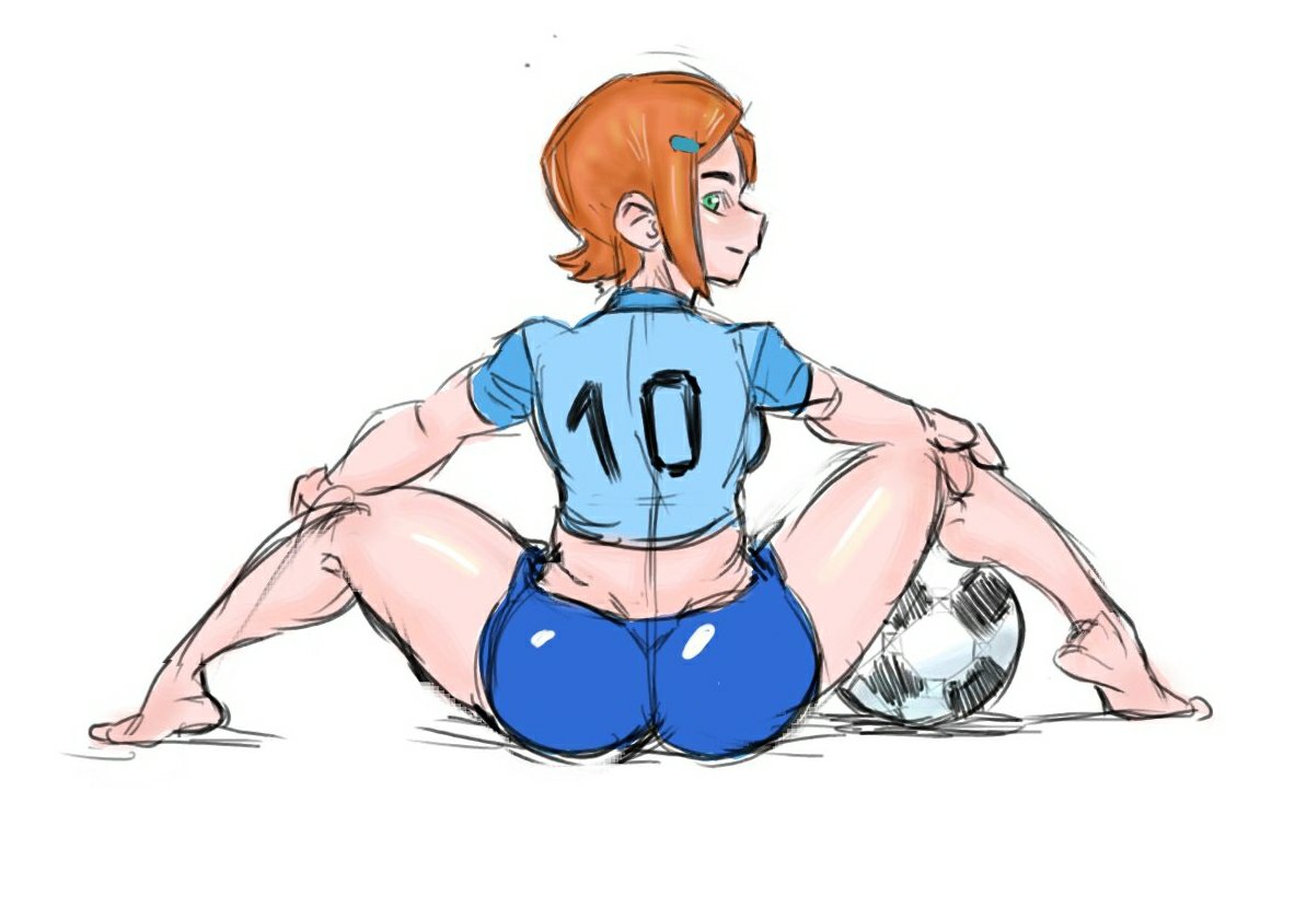 1girls ass ben_10 big_ass big_butt dat_ass eye_contact female football_(ball) football_uniform green_eyes gwen_tennyson looking_at_viewer looking_back orange_hair p-shinobu shinobupp short_hair sports_uniform spread_legs thick_thighs thighs