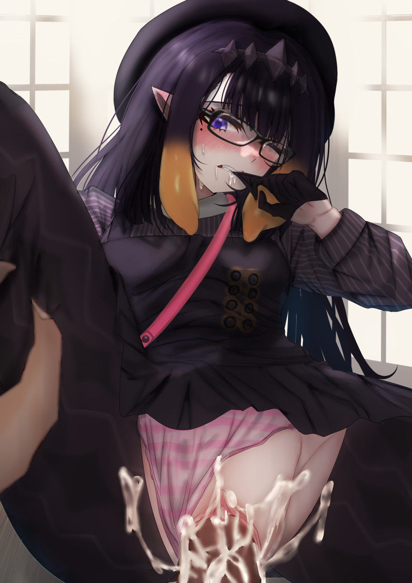 1boy, 1girls, biting finger, blush, blushing, breasts, clothing, cum, cum in pussy, cum inside, diadem, drooling, female, flat chest, flat chested, glasses, gloves, hat, highres, hololive, hololive english, hololive myth, legs held open, light skin, light-skinned female, long hair, looking at penis, male, mole, mole under eye, multicolored hair, ninomae ina'nis, one eye closed, orange hair, pale skin, pale-skinned female, panties, panties aside, penetration, penis, pink panties, plinplon (artist), pointy ears, purple eyes, purple hair, pussy, pussy juice, saliva, small breasts, sweat, sweatdrop, sweating, tiara, vaginal penetration, very high resolution, very long hair, virtual youtuber