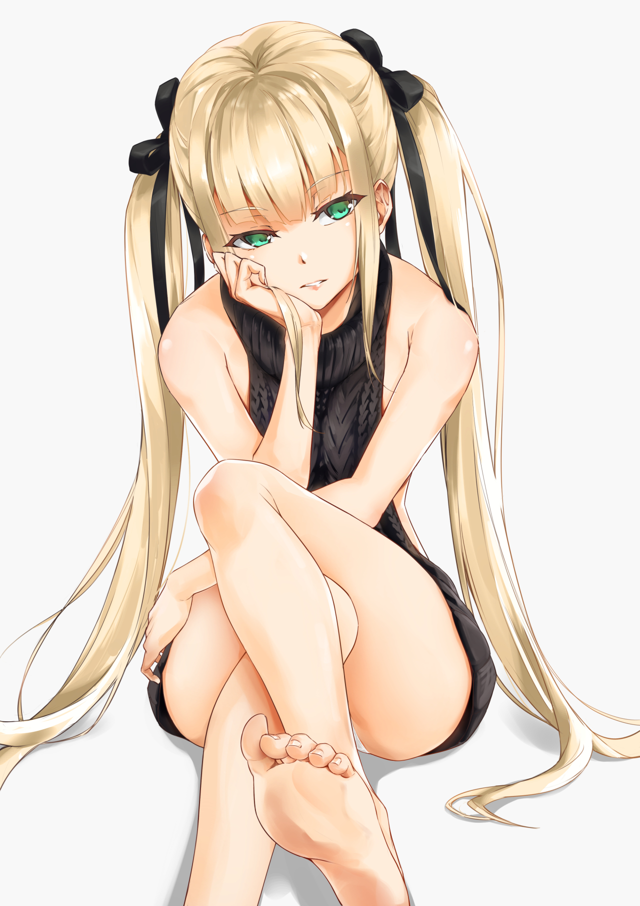 bangs, barefoot, bitterpain, black bow, black sweater, blonde hair, blunt bangs, bow, clothes pull, clothing, crossed legs, dress, eyebrows visible through hair, feet, female, green eyes, hair ornament, hairbow, head rest, high resolution, long hair, looking at viewer, meme attire, no bra, original, panchira, pantsu, parted lips, ribbed sweater, shiny, shiny hair, simple background, sitting, skirt, skirt lift, soles, solo, sweater, sweater dress, tagme, tied hair, toes, twintails, underwear, very long hair, vest, virgin killer sweater, white background, white panties, white underwear