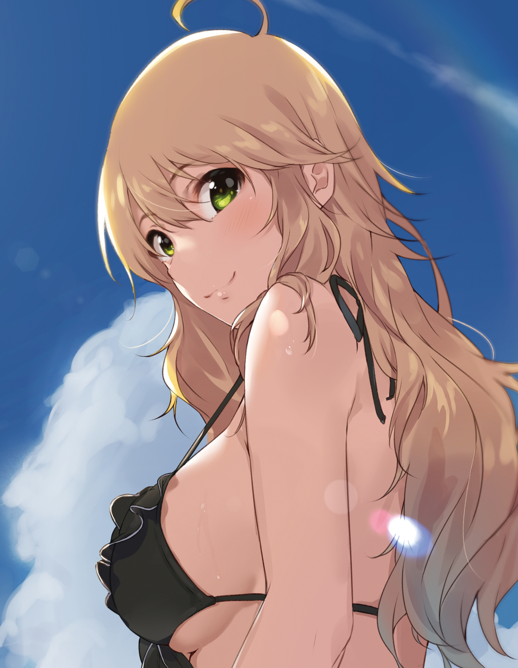 1girls, ahoge, bangs, bare arms, bare shoulders, bikini, bikini top, black bikini, black swimsuit, blonde hair, blue sky, blush, breasts, brown hair, closed mouth, cloud, cloudy sky, condensation trail, cute, day, eye contact, eyebrows visible through hair, female, frilled bikini, frilled bikini top, frilled swimsuit, frills, green eyes, hair between eyes, high resolution, hoshii miki, idolmaster, idolmaster (classic), in profile, kurokin, large breasts, lens flare, light brown hair, long hair, looking at viewer, outdoors, ribbon, sideboob, sky, smile, solo, solo female, strap gap, string bikini, summer, sweat, swimsuit, tagme, upper body