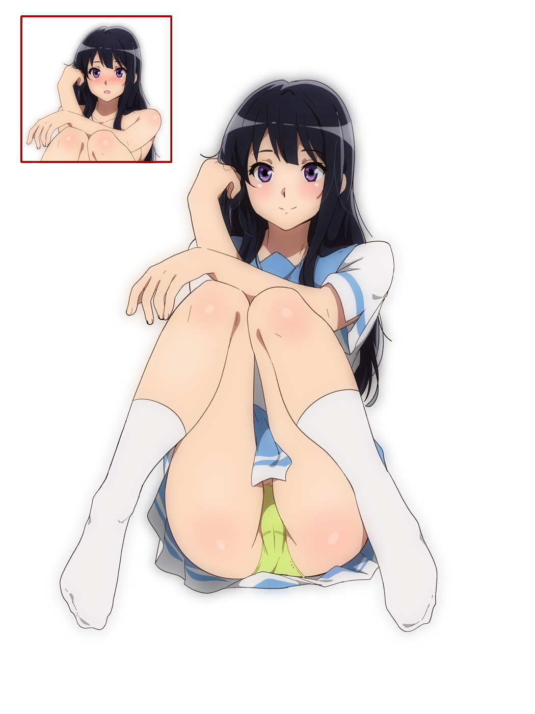 ass bangs black_hair blue_sailor_collar blue_skirt blush body_blush cameltoe closed_mouth expression_chart feet_apart female full_body green_panties green_underwear hair_between_eyes hand_in_hair hand_up hibike!_euphonium high_resolution kneehighs knees_together knees_together_feet_apart kousaka_reina long_hair looking_at_viewer multiple_views neckerchief panchira panchira_(sitting) pantsu pink_neckerchief pink_neckwear pleated_skirt png purple_eyes sailor_collar sailor_shirt sbel02 school_uniform serafuku shirt short_sleeves sidelocks simple_background sitting skirt smile socks solo tagme transparent_background underwear uniform variations white_background white_legwear white_socks x-ray yellow_panties