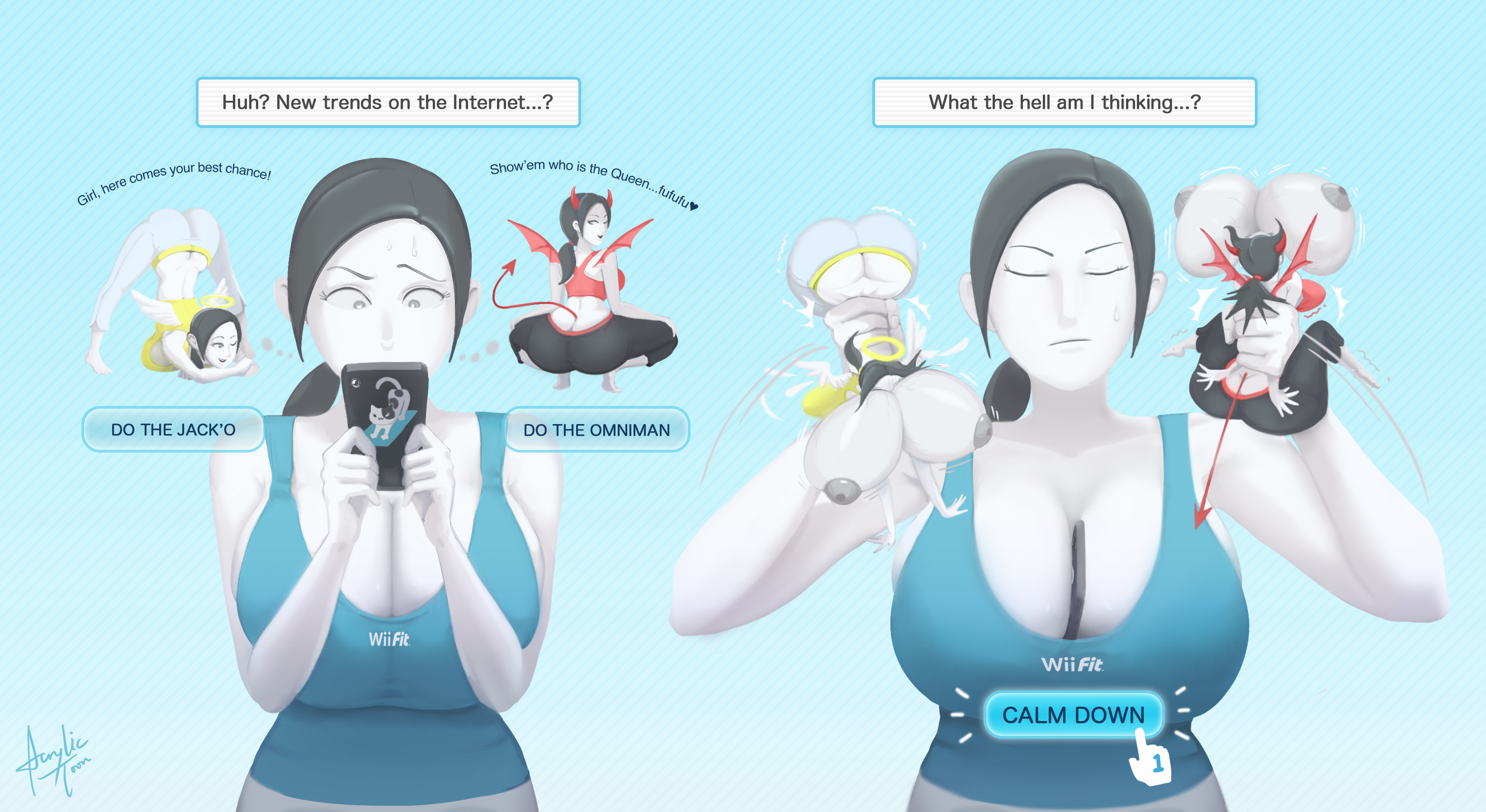 1girls, acrylictoon, angel, ass, big breasts, breasts, broly culo, clothing, demon, demon horns, demon tail, demon wings, electronics, female, female only, halo, huge ass, huge breasts, human, jack-o pose, meme, nintendo, nipples, pale skin, phone, solo, sportswear, squeezing, white body, white skin, wii fit, wii fit trainer, wii fit trainer (female), wild take