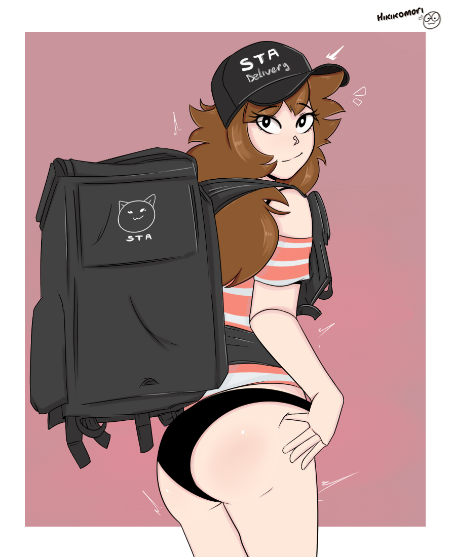 1girls, american, american female, ass, ass squeeze, bag, black bra, black panties, brown hair, brunette, brunette hair, cap, delivery employee, delivery girl, female, female focus, female only, glistening body, hikikomori (artist), light skin, light-skinned female, long hair, long-haired female, looking back, no pants, panties, shannon gurr, shgurr, solo, solo focus, striped shirt, tall, tall female, thick ass, thick thighs, underwear, youtube, youtuber