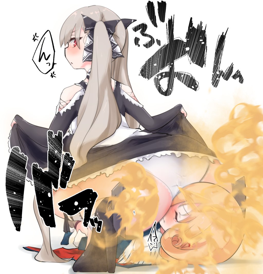 2girls, angry, ass, azur lane, blush, facesitting, fart, fart cloud, fart fetish, farting, farting in face, female, femdom, formidable (azur lane), grey hair, heels, japanese text, long hair, looking back, lying, multiple females, multiple girls, nekosu, panties, red eyes, sitting on face, sitting on person, squatting, tears, twintails, unwilling, white panties, yuri