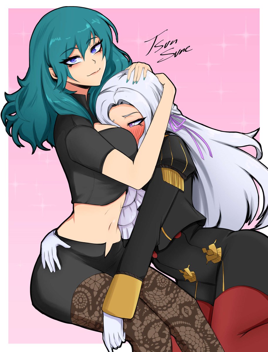 2girls, bare midriff, between breasts, blue eyes, blush, breast smother, breasts, byleth (fire emblem), byleth (fire emblem) (female), cleavage cutout, edelgard von hresvelg, embarrassed, female, female only, fire emblem, fire emblem: three houses, garreg mach monastery uniform, green nails, grey hair, heavy blush, hug, large breasts, leggings, long hair, looking at viewer, medium hair, multiple females, multiple girls, nail polish, nintendo, pantyhose, pink background, shorts, smile, sparkle, teal hair, teal nails, tsunsune, yuri