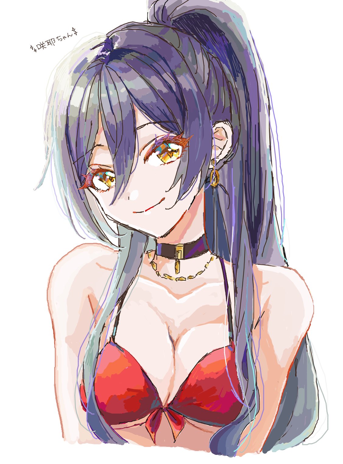 bare_shoulders bikini black_hair breasts choker clavicle cleavage clothing cropped_torso earrings eyelashes female high_resolution idolmaster jewelry looking_at_viewer paddy_field ponytail red_bikini red_swimsuit shirase_sakuya simple_background sketch smile solo swimsuit tagme the_idolm@ster:_shiny_colors tied_hair upper_body