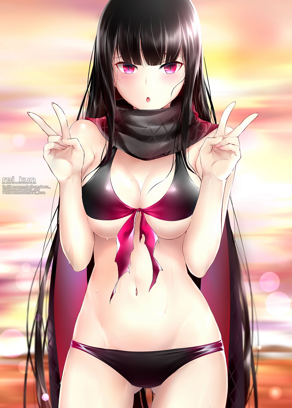 :o archway_of_venus beach bikini black_hair black_scarf blush breasts cleavage double_v fate/grand_order fate_(series) female gluteal_fold high_resolution large_breasts lens_flare long_hair long_scarf multicolored multicolored_clothes multicolored_scarf navel ocean oryou-san_(fate) oryou_(fate) patreon_username pixiv_id red_eyes red_neckwear red_scarf rei_kun scarf slit_pupils solo sunset swimsuit tagme twitter_username v very_long_hair