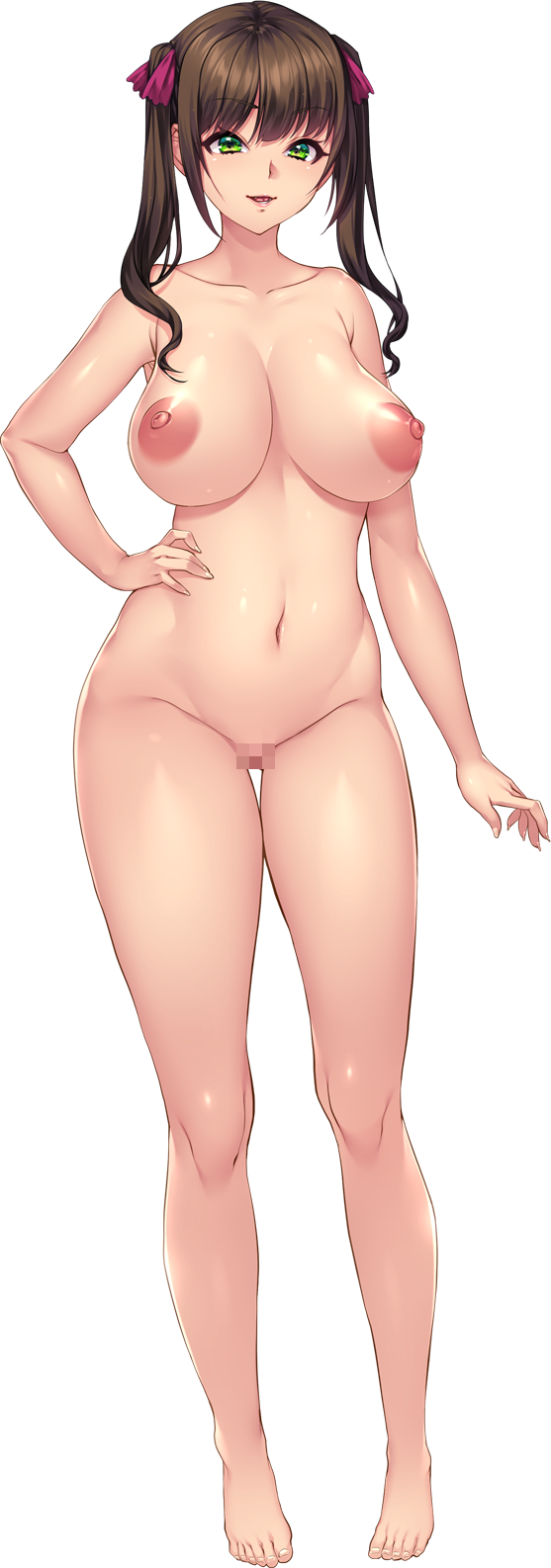 alpha_channel barefoot breasts brown_hair censored collarbone completely_nude eyebrows_visible_through_hair female for_sticker_use full_body game_cg green_eyes hand_on_hip highres jashin_shoukan_-inran_kyonyuu_oyako_ikenie_gishiki- large_breasts long_hair minamoto mosaic_censoring munakata_nakoto navel nipples nude official_art png pussy solo sticker_template transparent_background transparent_png twintails