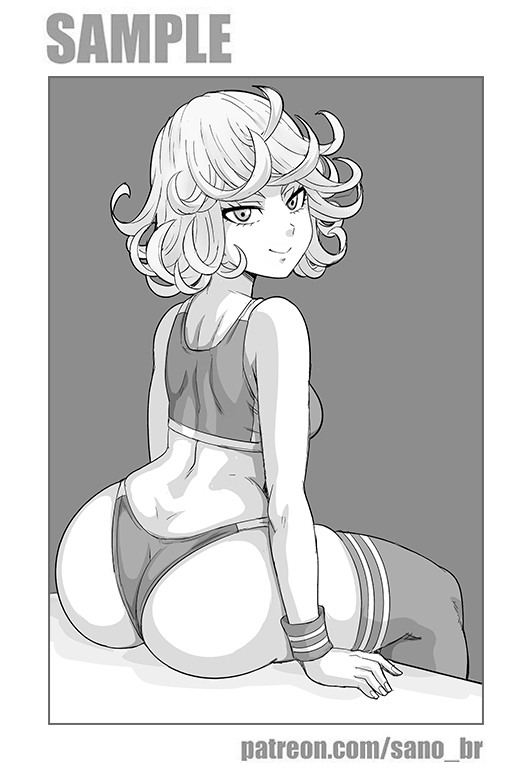 1girls, ass, ass focus, big ass, big butt, bikini bottom, breasts, eye contact, female, greyscale, large ass, looking at viewer, monochrome, narrow shoulders, one-punch man, sano-br, short hair, sitting, small breasts, smile, solo, sports bikini, tatsumaki, thick ass, thick thighs, thighhighs, thighs, wip