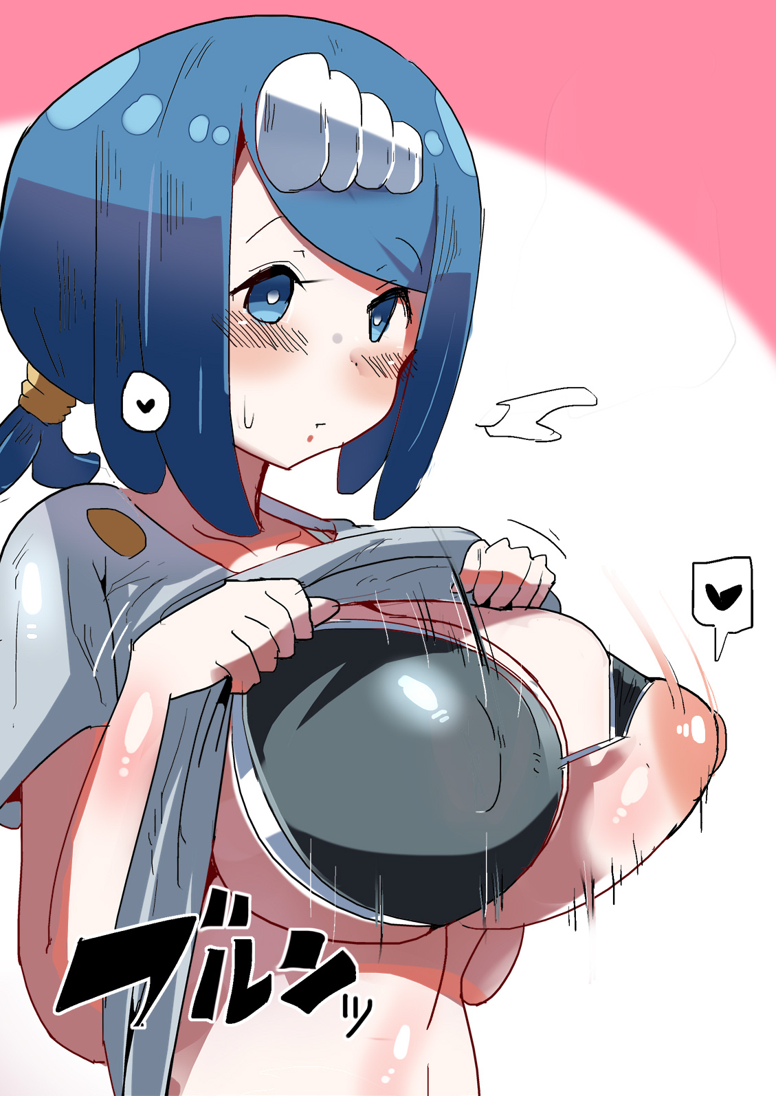 1girls, big breasts, blue eyes, blue hair, blush, bra, breast drop, breasts, clothing, female, gerumaga, gigantic breasts, hair ornament, imminent breast sucking, imminent breastfeeding, imminent nipple sucking, lana's mother (pokemon), lifting shirt, milf, mob face, nintendo, pokemon, pokemon sm, shirt, shirt lift, shirt up, shy, tied hair, ziraikaitosann