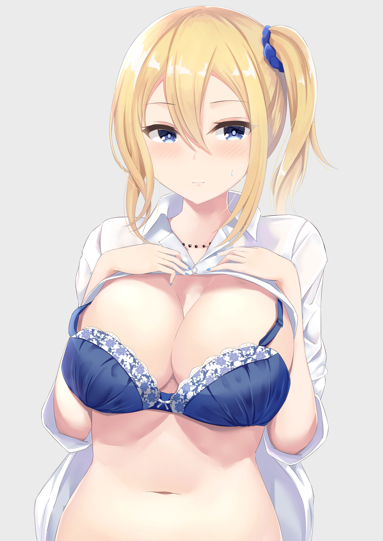 1girls, 2020, blonde hair, blue bra, blue eyes, blue nails, bra, breasts, cleavage, closed mouth, expressionless, eyebrows visible through hair, female, female focus, female only, fingernails, grey background, hair ornament, hair scrunchie, hayasaka ai, highres, jewelry, kaguya-sama wa kokurasetai ~tensai-tachi no renai zunousen~, kanade pa, large breasts, nail polish, navel, necklace, open clothes, open shirt, scrunchie, shirt, side ponytail, sidelocks, simple background, solo, solo female, solo focus, underwear, upper body, white shirt