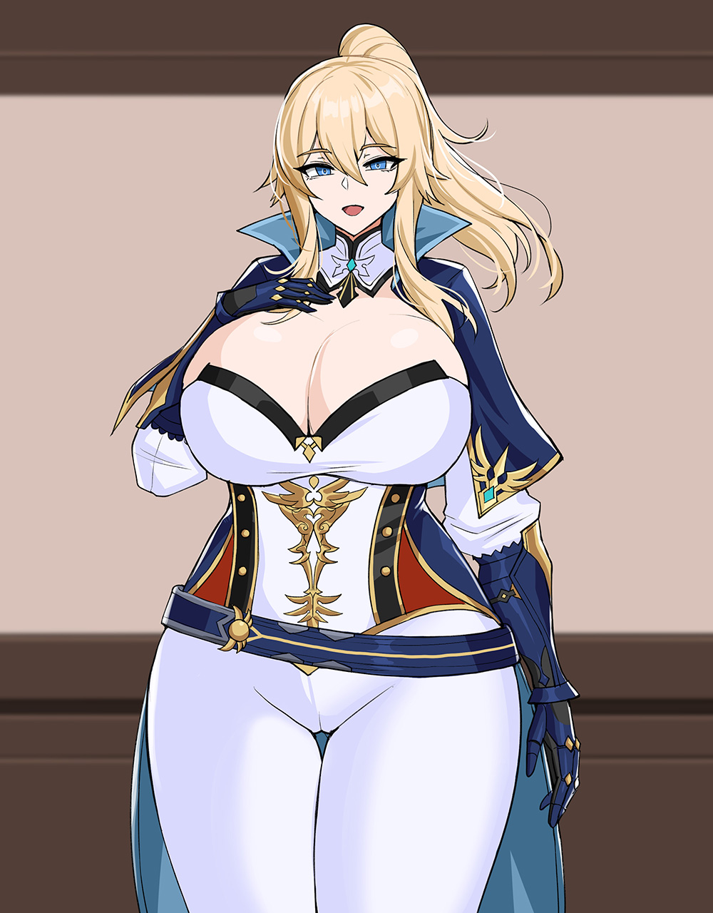 1girls, blonde hair, breasts, cleavage, drogod (artist), female, genshin impact, jean gunnhildr, large breasts, ponytail, solo