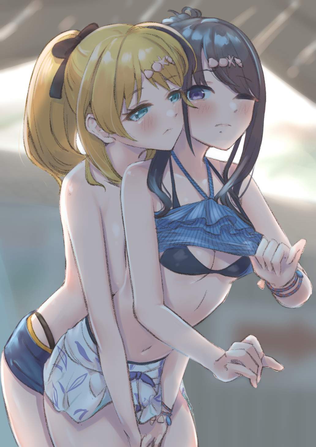 2girls breasts clothing embracing female female_only hair_ornament high_resolution hug hugging_from_behind idolmaster kazano_hiori multiple_girls purple_eyes sakuragi_mano swimsuit tagme the_idolm@ster:_shiny_colors umirororo yuri