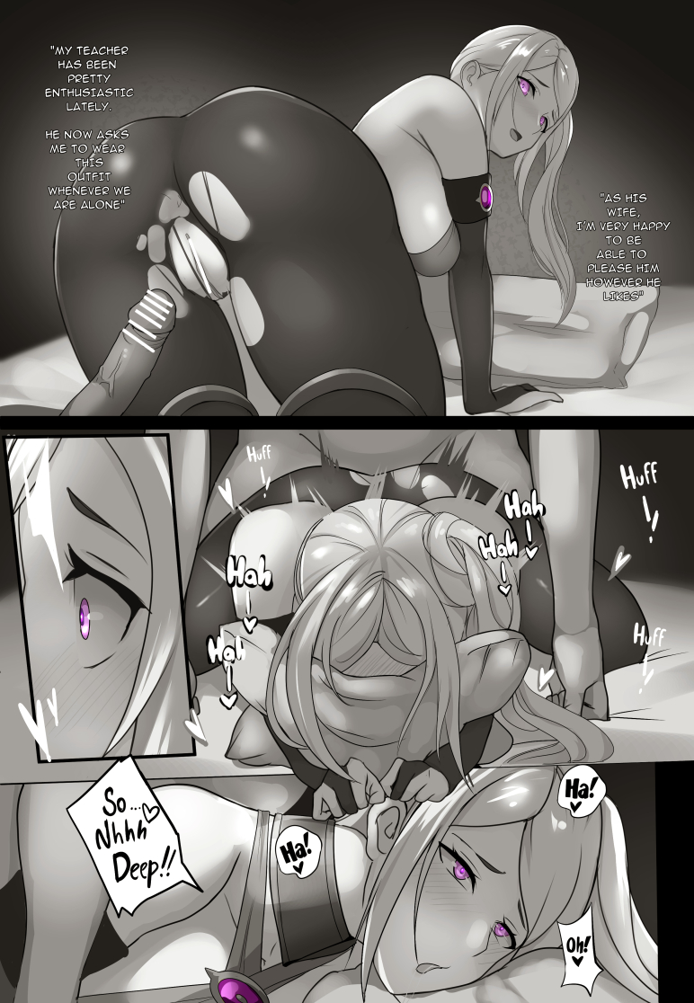 1boy, 1girls, all fours, alternate costume, alternate hairstyle, ass, bodystocking, byleth (fire emblem), byleth (fire emblem) (male), censored, comic, dancer, dorothea arnault (cosplay), dorothea arnault (plegian) (cosplay), edelgard von hresvelg, english text, face in pillow, female, fire emblem, fire emblem heroes, fire emblem: three houses, imminent sex, imminent vaginal, kneeling, lainart, large ass, looking at viewer, looking back, male, monochrome, nintendo, open mouth, pillow, plegian, ponytail, post-timeskip, purple eyes, pussy, side ponytail, text, torn clothes, vaginal penetration